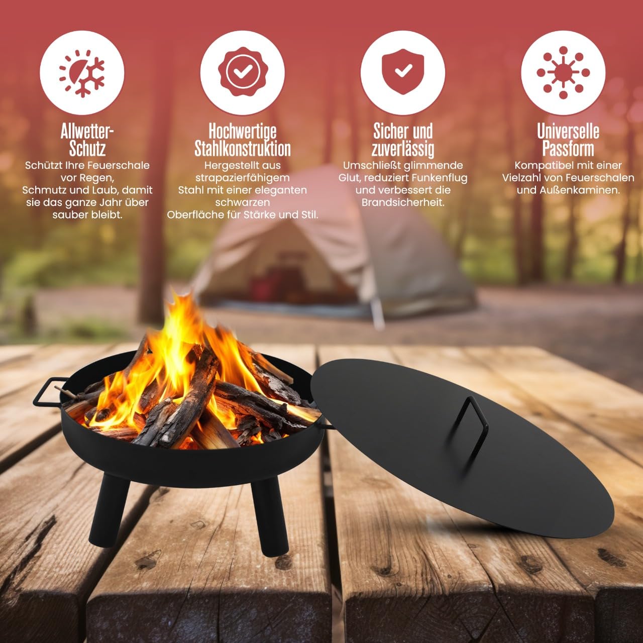Abdeckung passend für Feuerschale Ø 60 cm, Abdeckung für Feuerstelle für den Garten, Terrasse und Balkon, Stahl,Schwarz