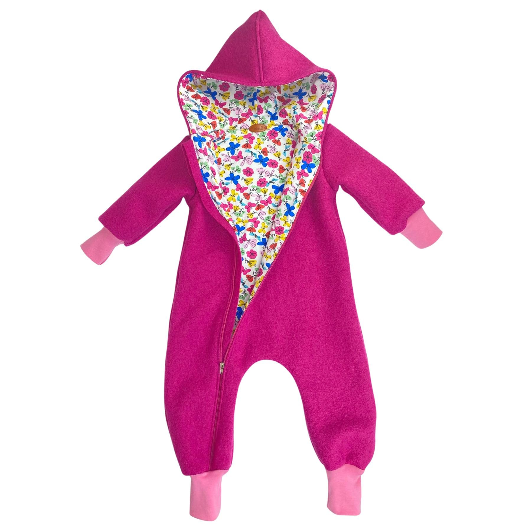 Lilakind Baby Kinder Wollwalk Overall mit Kapuze und Reißverschluss Fuchsia Pink mit Blumen und Schmetterlingen Gr. 62-116