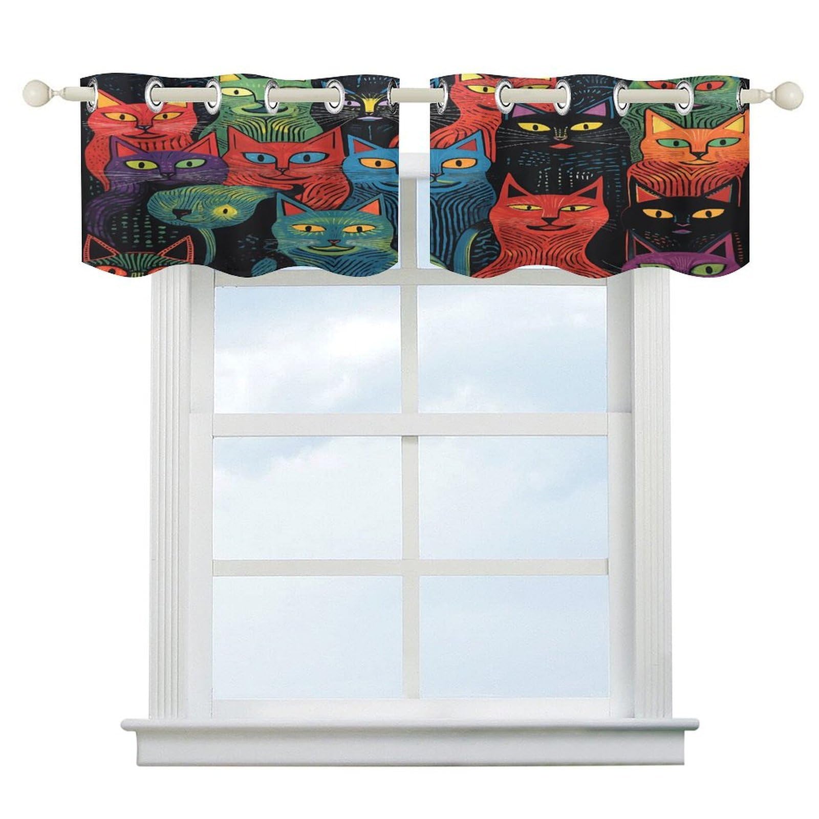 Fekiloot Style Multicolor Cat Painting Short Curtains Valance Curtain