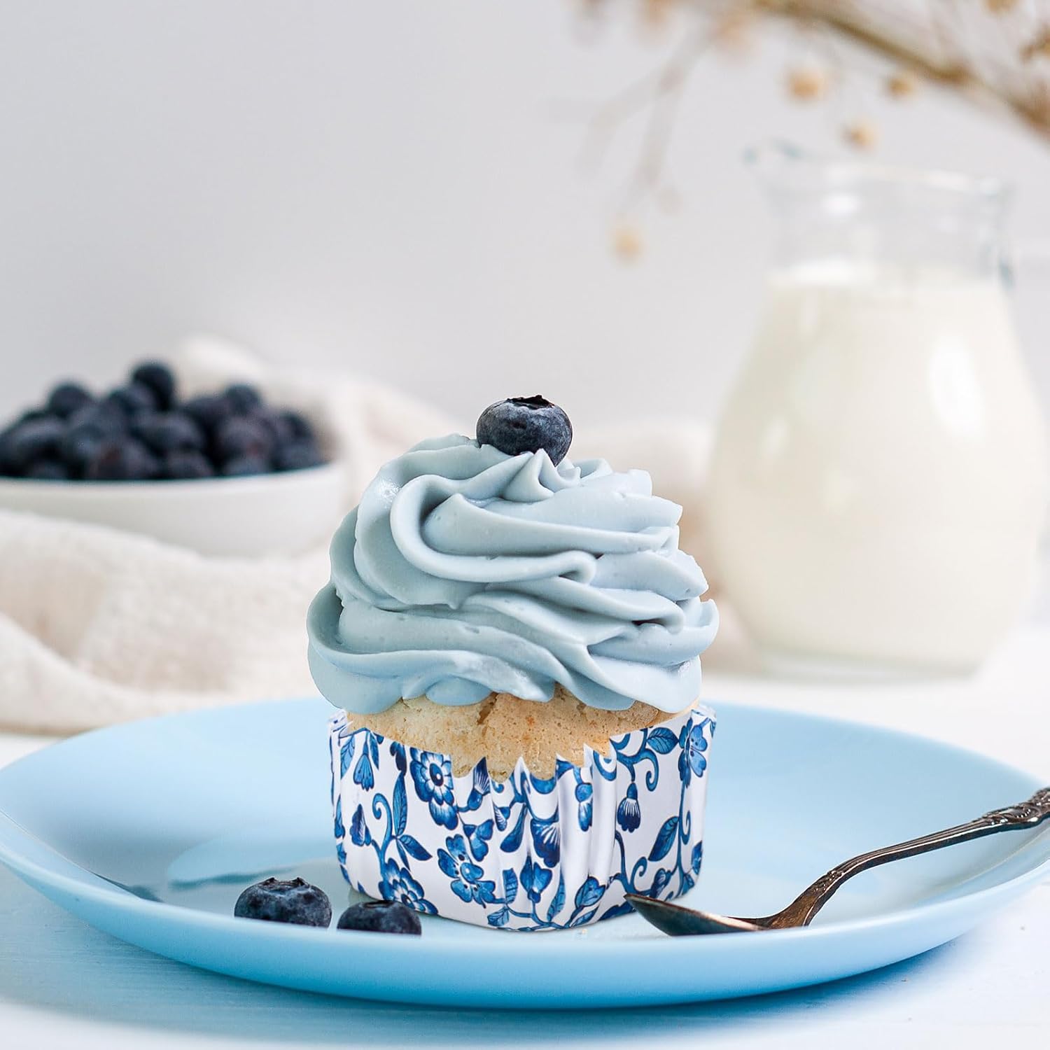 Blue Floral Mini Square Cupcake Liners Chinoiserie White Blue
