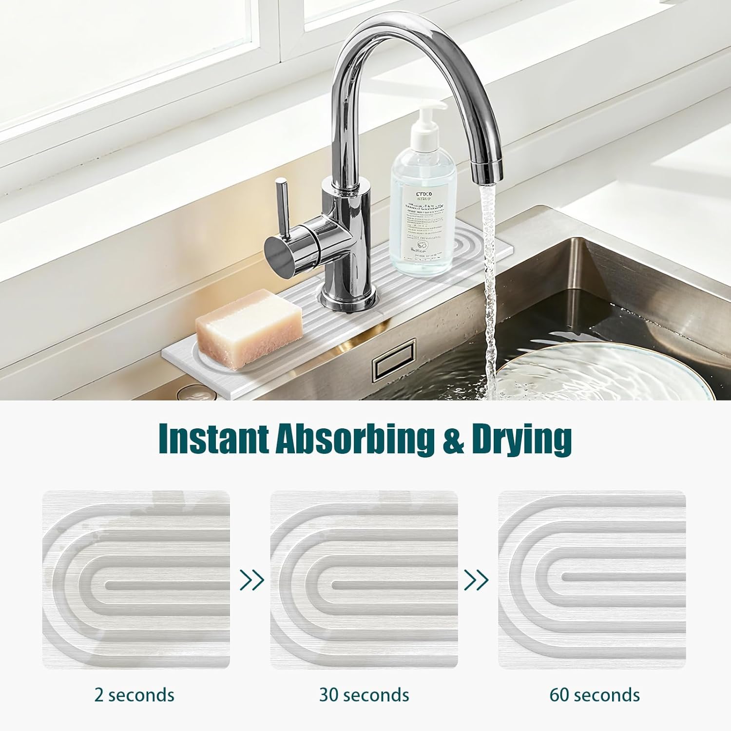 2-Pack Diatomaceous Earth Stone Drying Mat for Kitchen Sink, Quick-Dry Faucet Mat, Non-Slip Splash Guard for Bathroom Sink, 15.7 Inch White