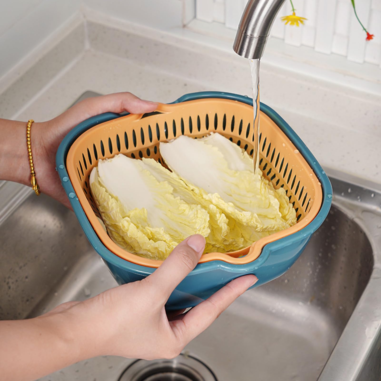 Zerodis Vegetable Washing Baskets in The Kitchen, Kitchen Nesting Vegetable Fruit Washing Soaking Basket Plastic 2 in 1 Drain Colander Bowl Set Kitchen Fruit Washing Basin Strainer (M)