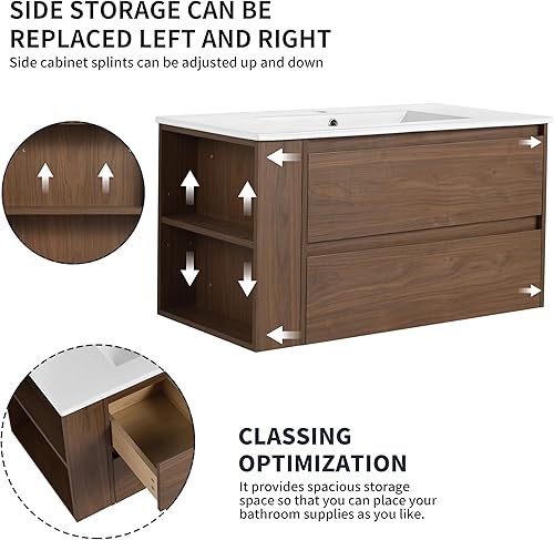 Miniatura 4 de Yoluckea Juego de tocador de baño de 36 pulgadas con lavabo de cerámica montado en la pared, moderno juego de tocador de baño con 2 cajones y