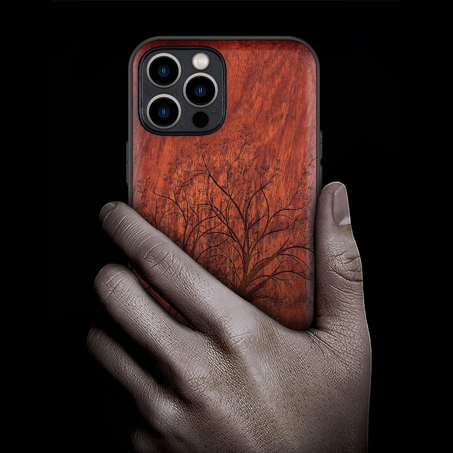 Carveit Magnetic Wood Case for iPhone 12 Pro Case [Natural Wood & Black Soft TPU] Shockproof Protective Unique & Classy Wooden Cover Compatible with MagSafe (Leafy Tree-Rosy)
