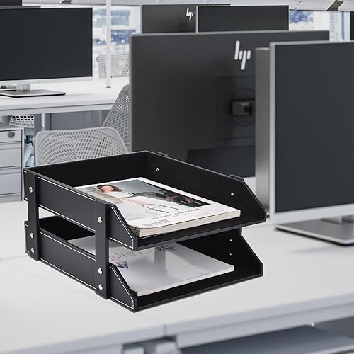 Miniatura 6 de Organizador de escritorio de cuero, soporte apilable de 2 niveles, suministros de oficina, caja de almacenamiento de escritorio para documentos,