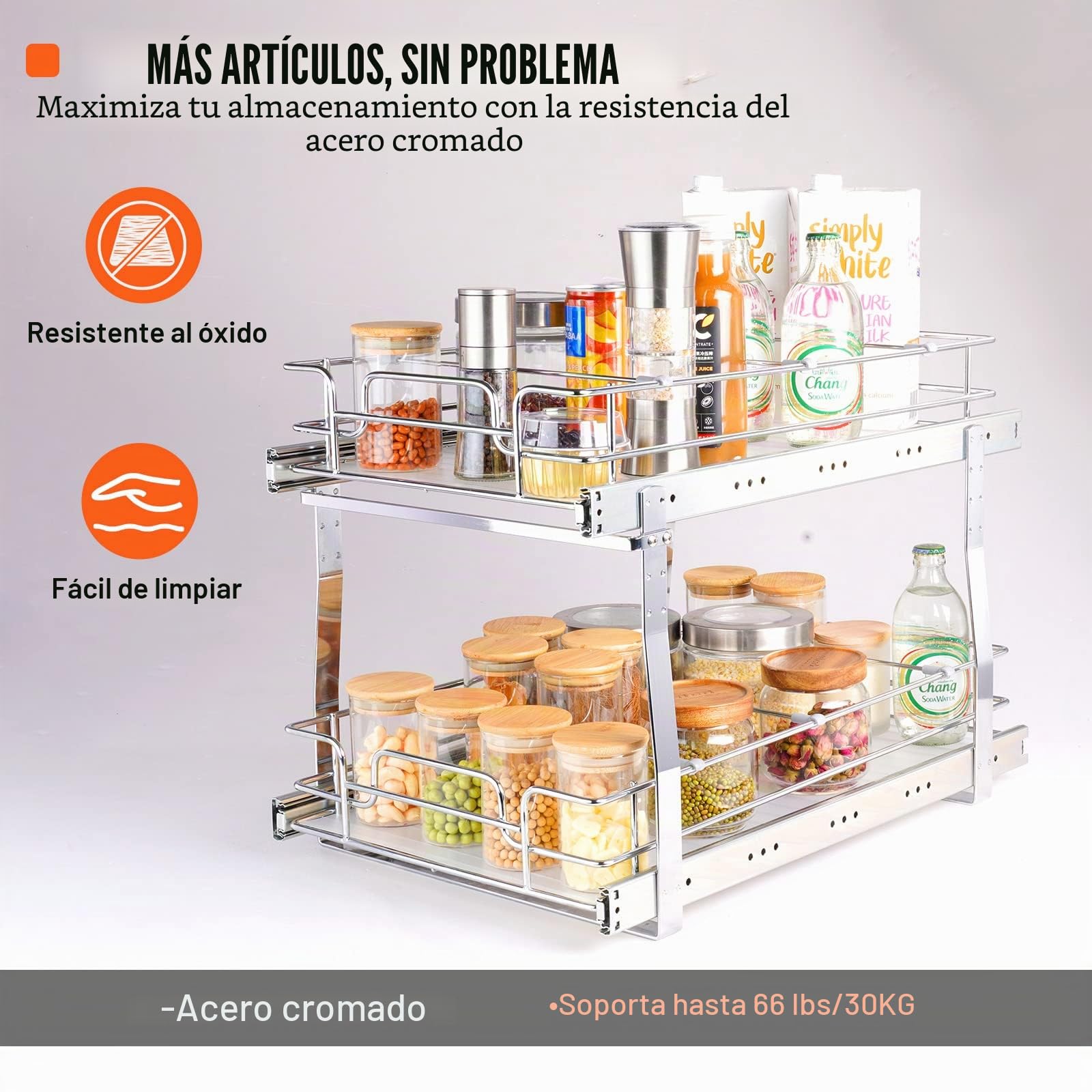 VEVOR Organizador Extraíble Debajo del Fregadero 2 Niveles 355x539x383 mm Estante Deslizante de Acero Cromado Carga de 30 kg Deslizamiento Suave para Cocina Tamaño de Instalación 385x569x483 mm