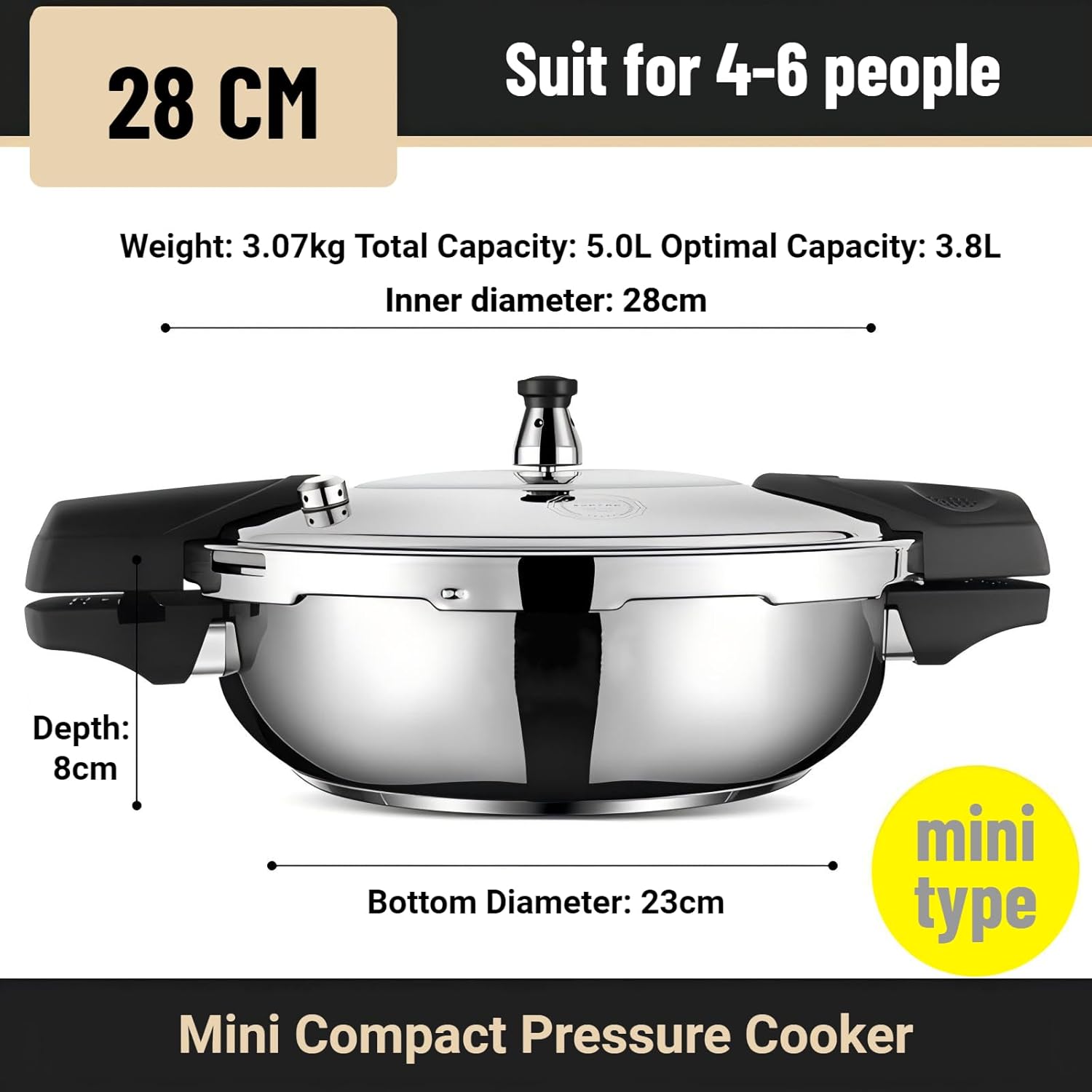 Stainless Steel Pressure Cooker Mini Compact Pressure Cooker,5 Liters Rapid Heat Conduction Pots for Electric Gas Stoves (28CM)