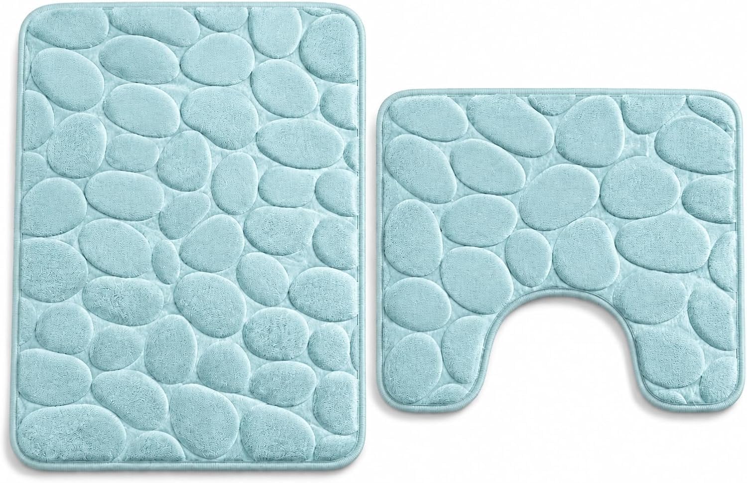 NIGHTZONE Pebble Stone Bath Mat Set, Non Slip Pedestal Mat, Extra Absorbent 100% Memory Foam Bathroom Toilet Rug (Aqua)