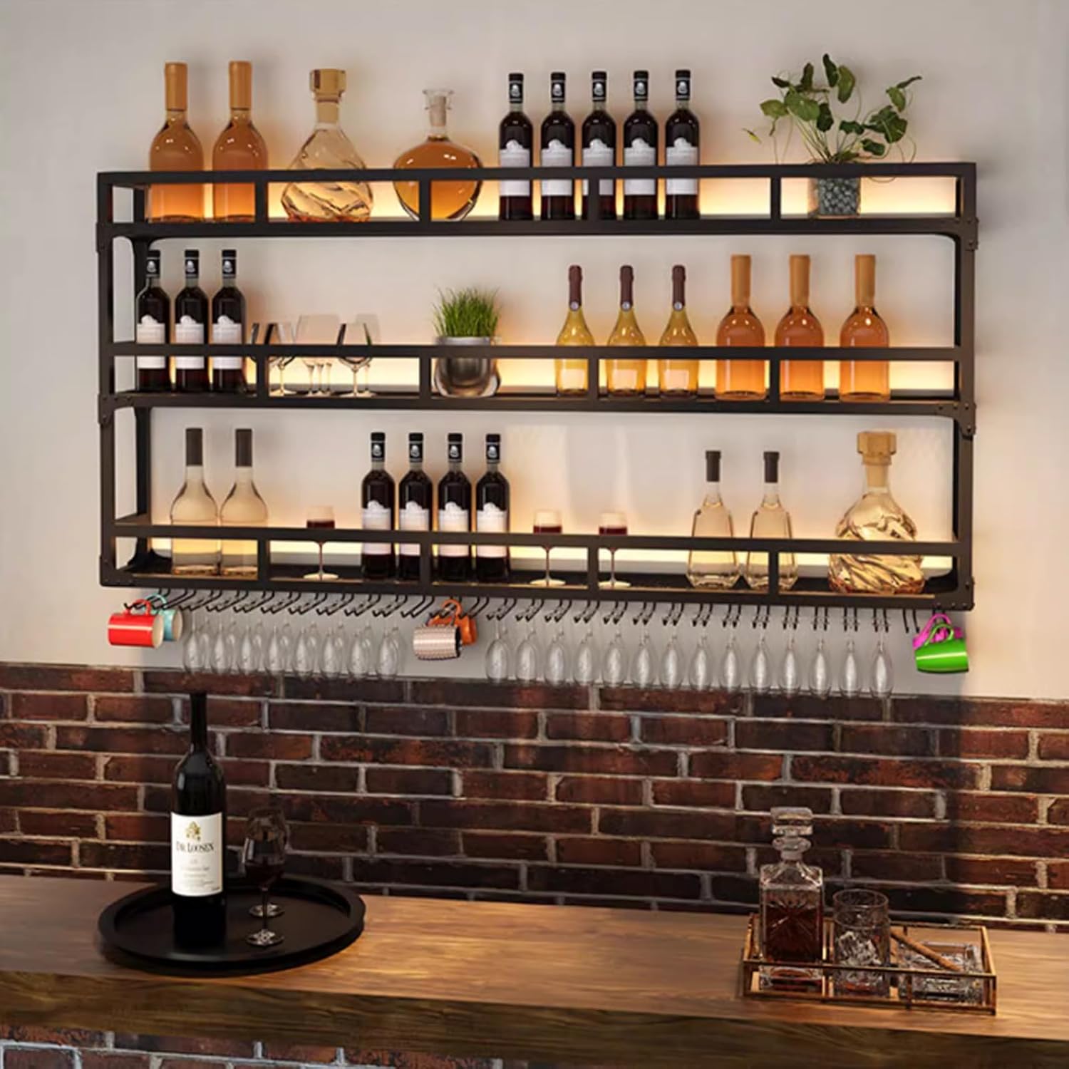 Large Wall Mounted Wine Rack - Metal Liquor Display Shelf for Home, Bar & Cafe - Iron Floating Rack Holder (Black, 100x25x90CM) - Stylish Wine