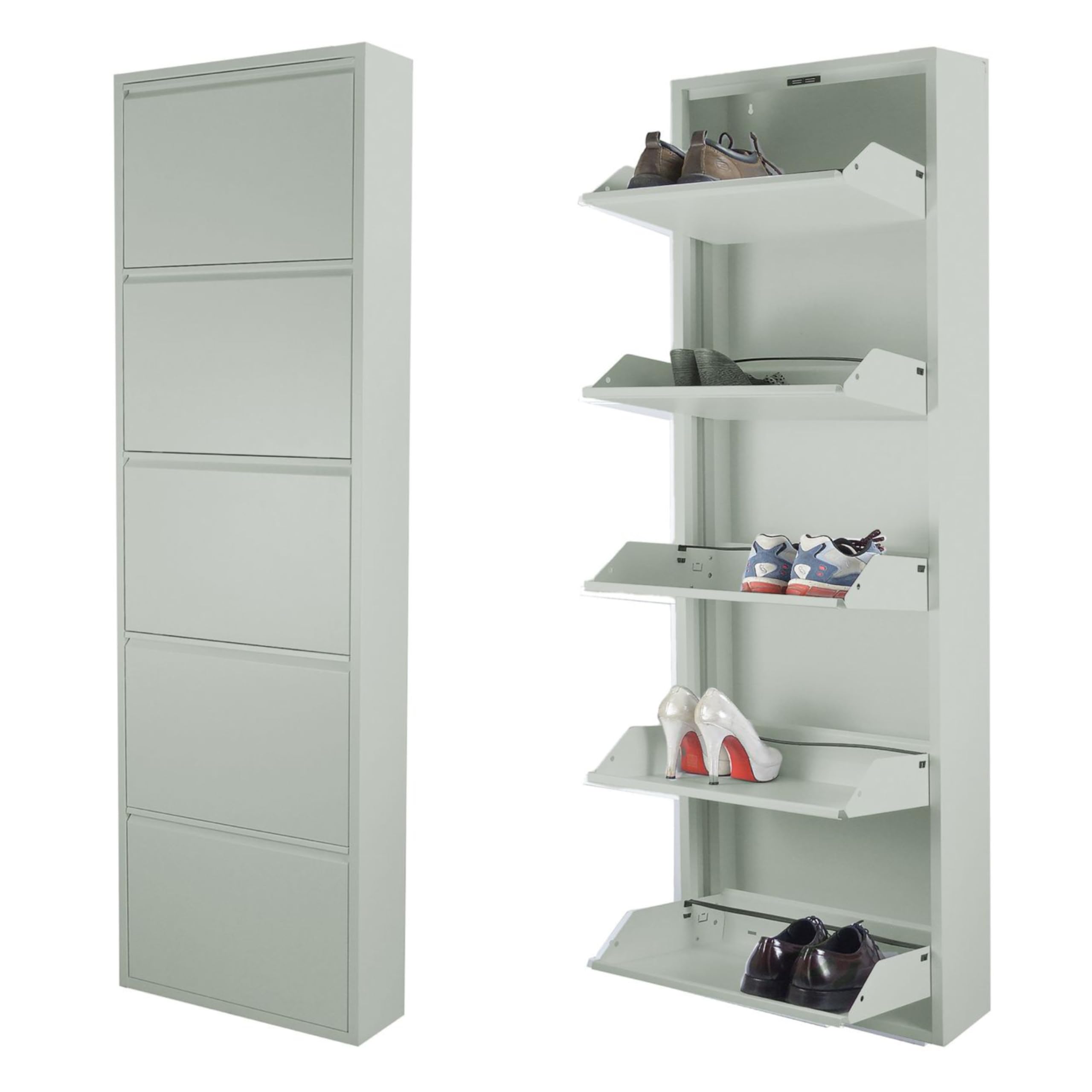 Atahome Slim Shoe Cabinet Tall Narrow Shoe Storage Cabinet for hallway wall mounted thin flip down Metal Shoe Rack Storage Organiser Shoe cupboard Indoor Lydia 5-Drawer Tier (Grey)