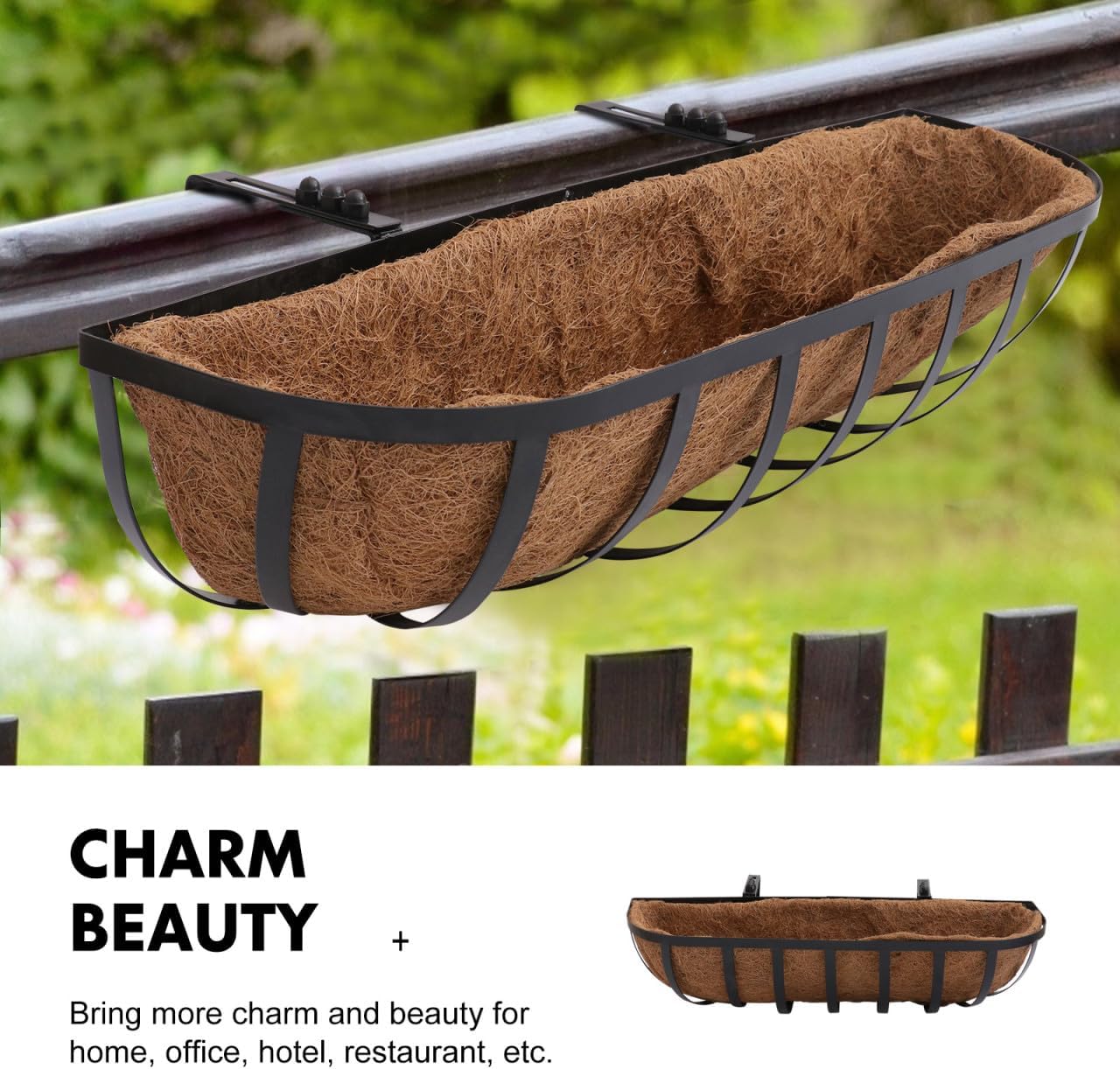 Iron Art Coconut Palm Hanging Basket Wall Planter 24-inch Metal Flower Pot Holder for Indoor Outdoor Decorative Mounted Plant Container