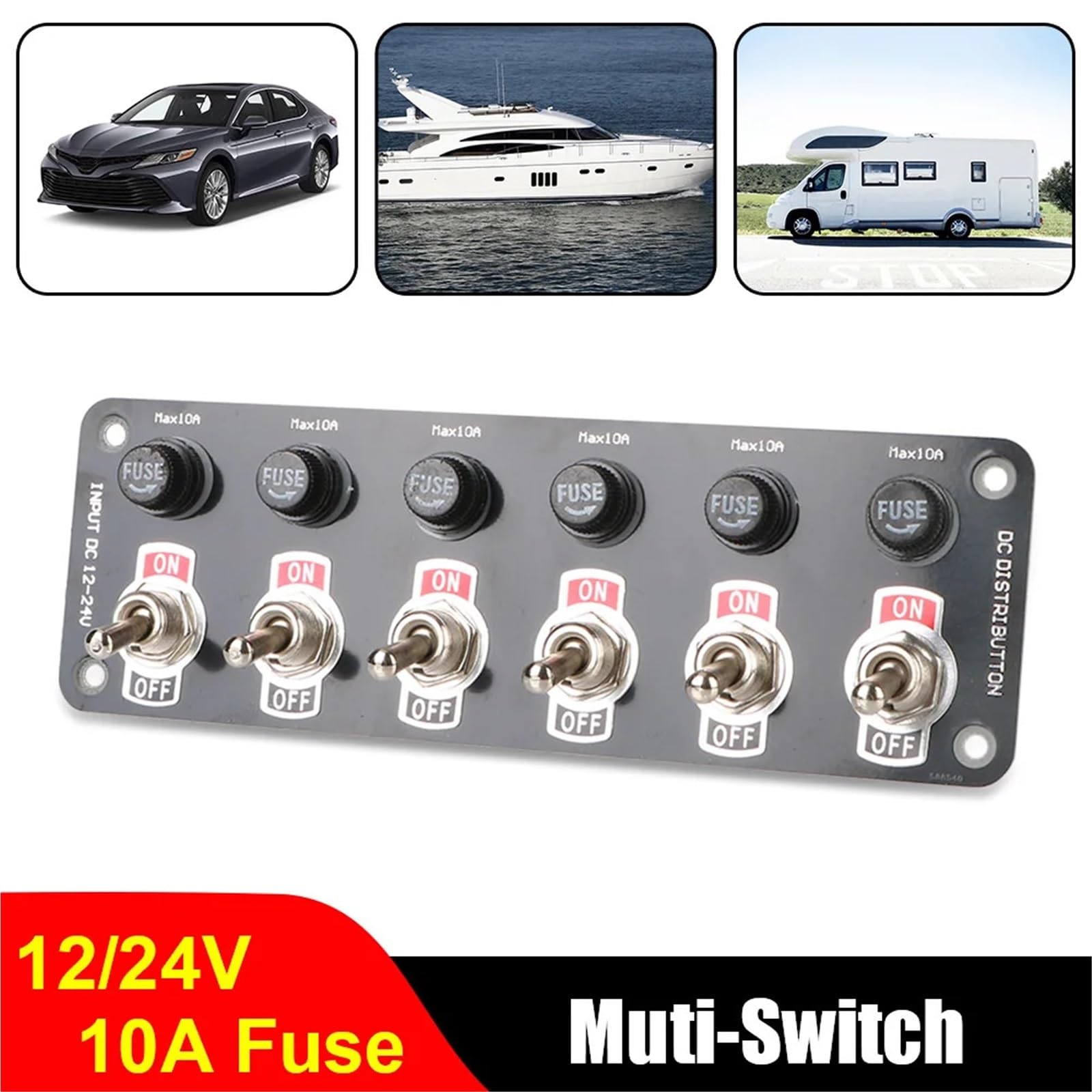 Panel de interruptores basculantes de 1/3/6 marchas for coche de s, control de arranque y parada, luz de palanca for RV, accesorios marinos for barco con fusible de 10 A, 12 V y 24 V(6 Rocker)