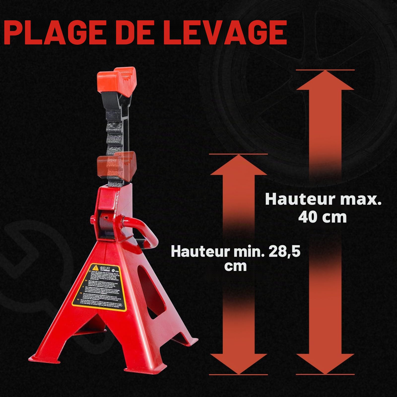 CCLIFE Lot de 2 Chandelles à Crémaillère 3T, Hauteur Réglable 285-400 mm avec Patins en Caoutchouc pour Voitures, Caravanes et Camping-Cars