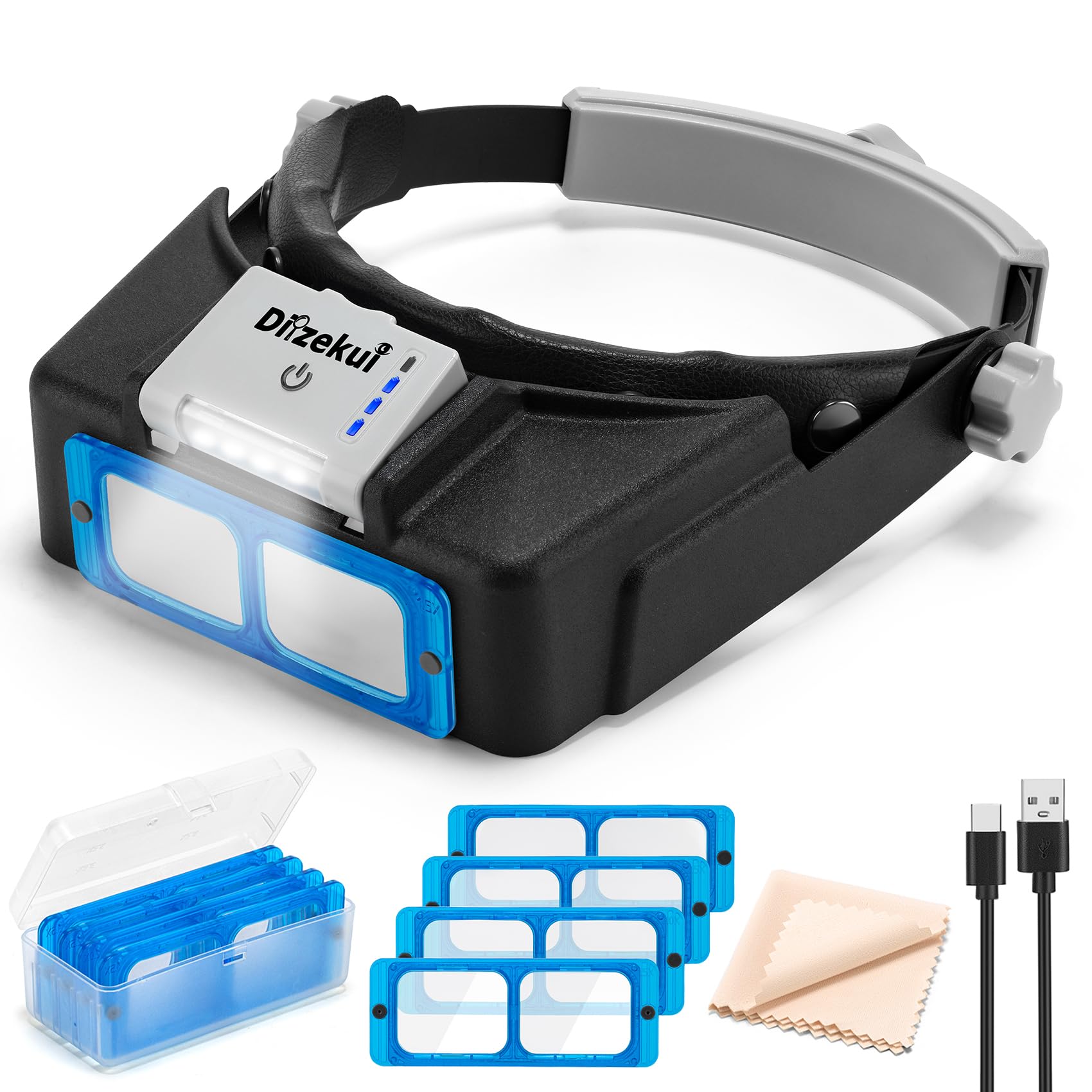 Dilzekui Kopfbandlupe mit LED-Licht, wiederaufladbare Kopfhalterung, Lupe 1,5 x bis 3,5 x, Opitkale Lupe mit Linse, Juwelierlupe, Headset-Lupe für enge Arbeit