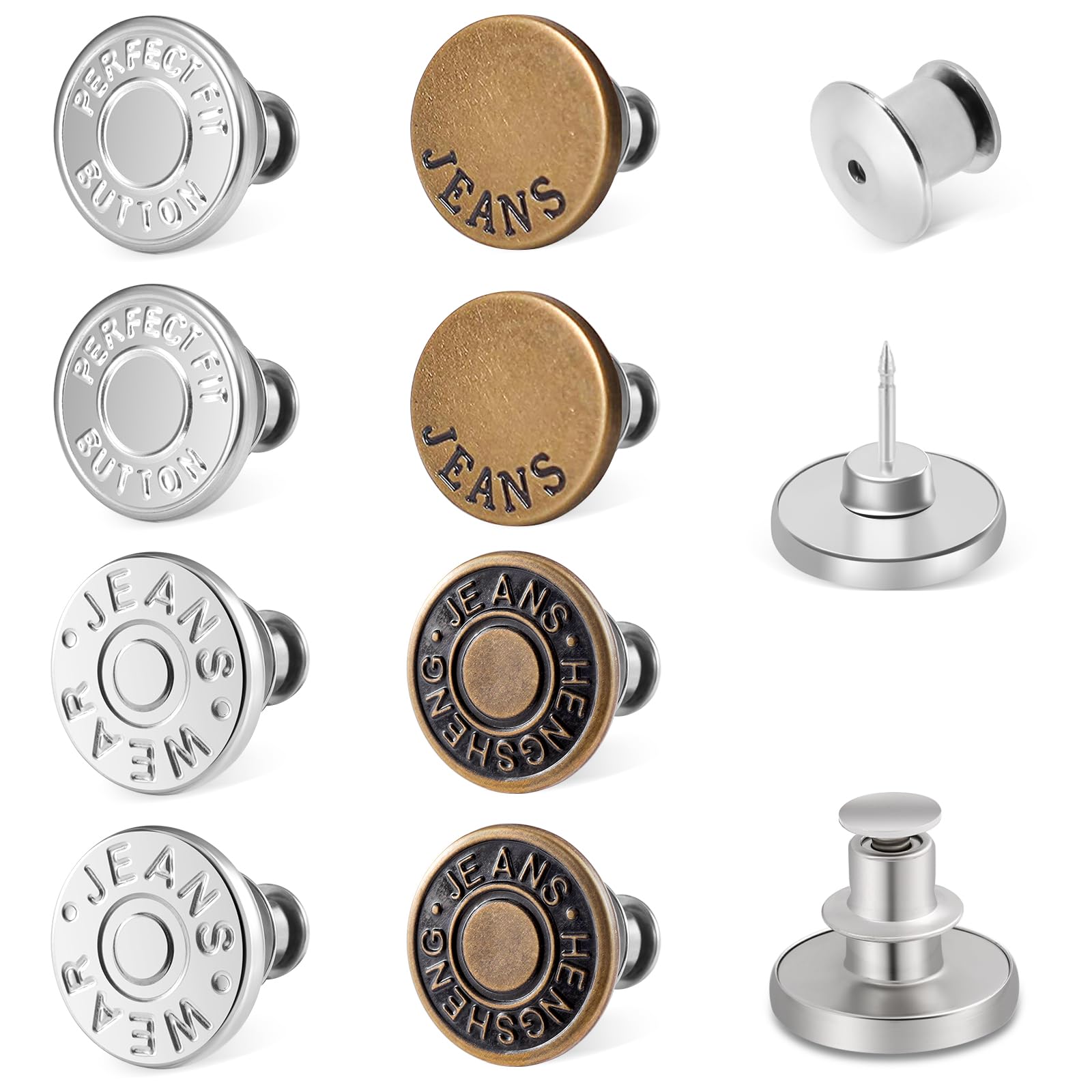 Ceryvop 8 Sets Buttons Pins for Loose Jeans, No-Sew Adjustable and Reusable Metal Pants Button Tightener
