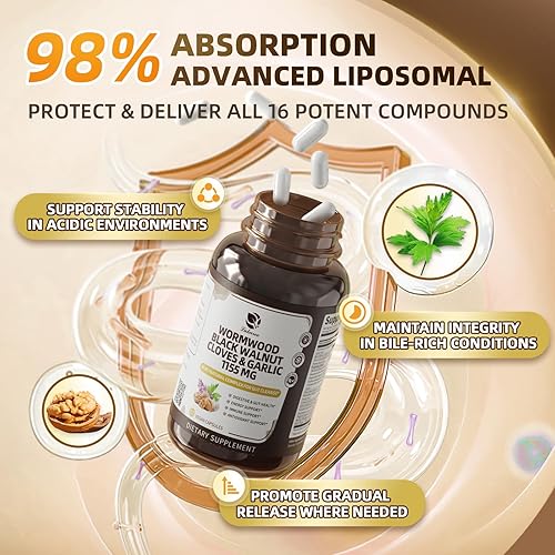 Miniatura 4 de Lukaree Cápsulas 16 en 1 de ajenjo de nogal negro, limpieza intestinal rápida y salud digestiva con clavo de ajo y cúrcuma, entrega liposomal 98% de