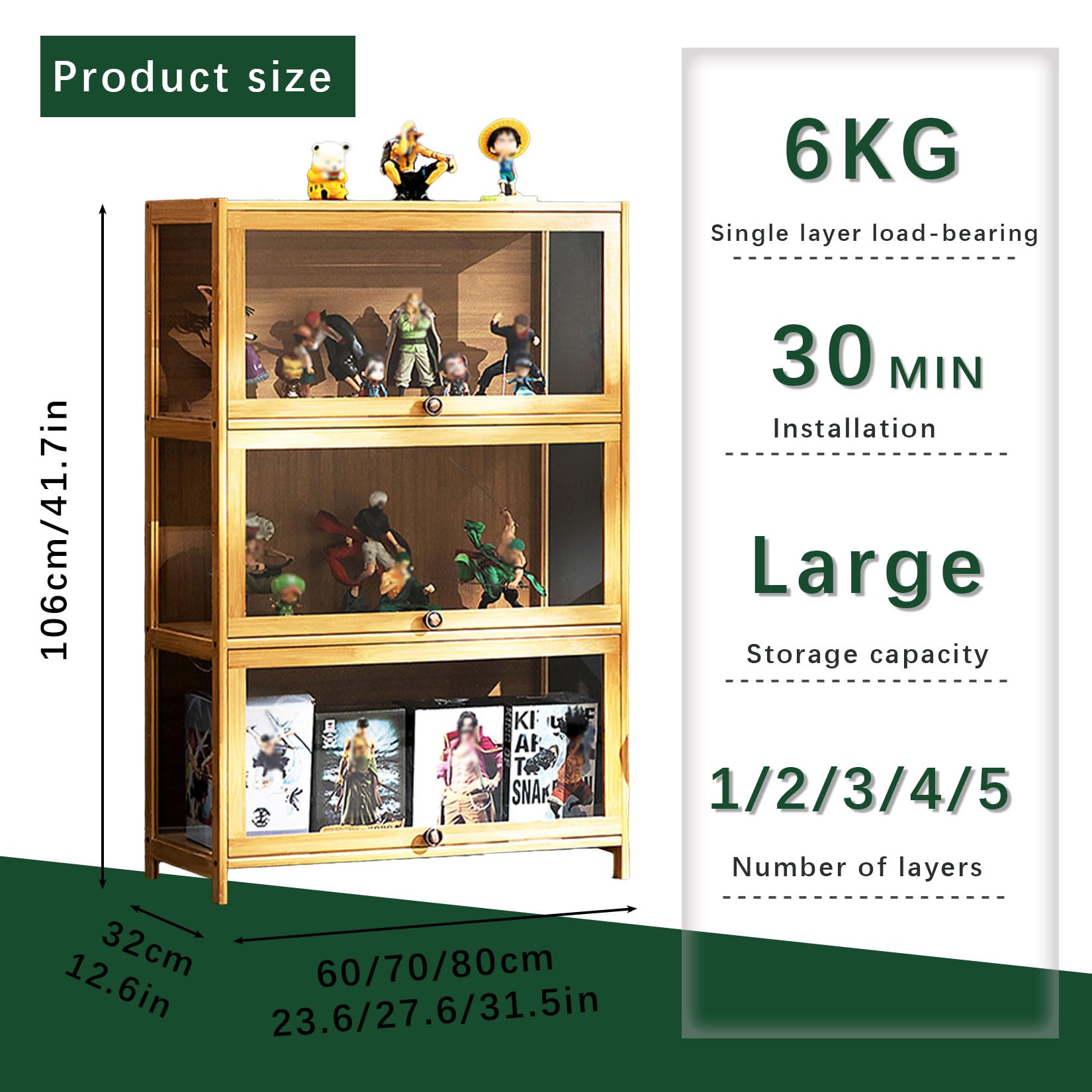 Vetrinetta Espositiva,Vetrina per statuette Legno,3 Ripiani Vetrinetta Autoportante,Grande Capacità di Stoccaggio,Scaffale per Collezioni Trofei,Bambole e Modellini di Auto 3-80cm