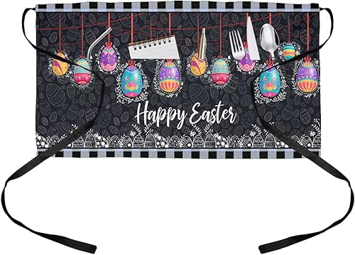 Delantal de camarero de Pascua negro con bolsillos, huevos coloridos de primavera, hierbas florales silvestres, cintura media cocina, barbacoa,