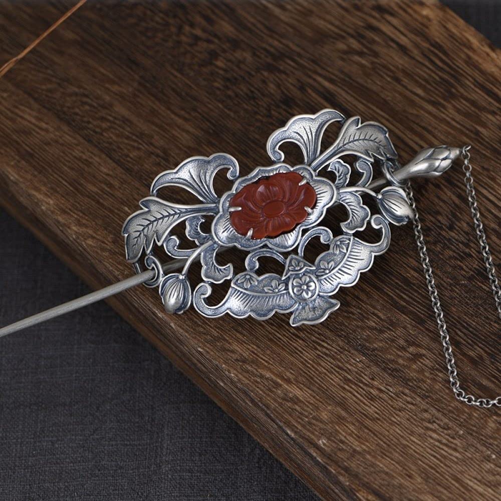 Chińska biżuteria do włosów, 925 Srebrny Uchwyt Na Kok, Damski Spinka Do Włosów Vintage Czerwony Agat Peonia Kwiat Z Łańcuchem Retro Spinka Do Włosów Widelec Klatka Na Kok Uchwyt Na Kucyk