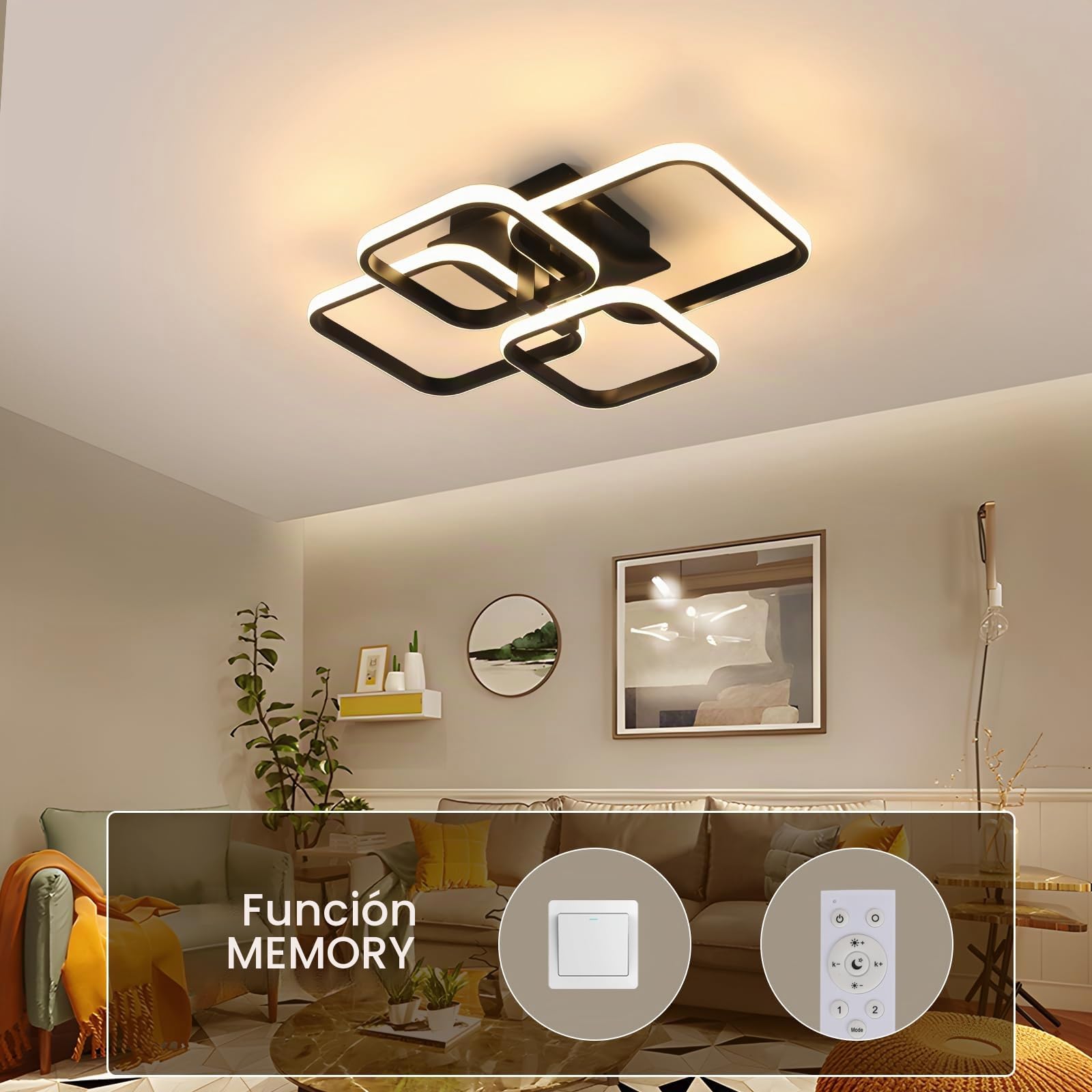 Comely Lampara Techo, 48W 5400LM Plafon LED Techo Regulable con Mando Negro | Plafones Moderno Rectangular para Salón, Dormitorio, Comedor, 3000-6500K