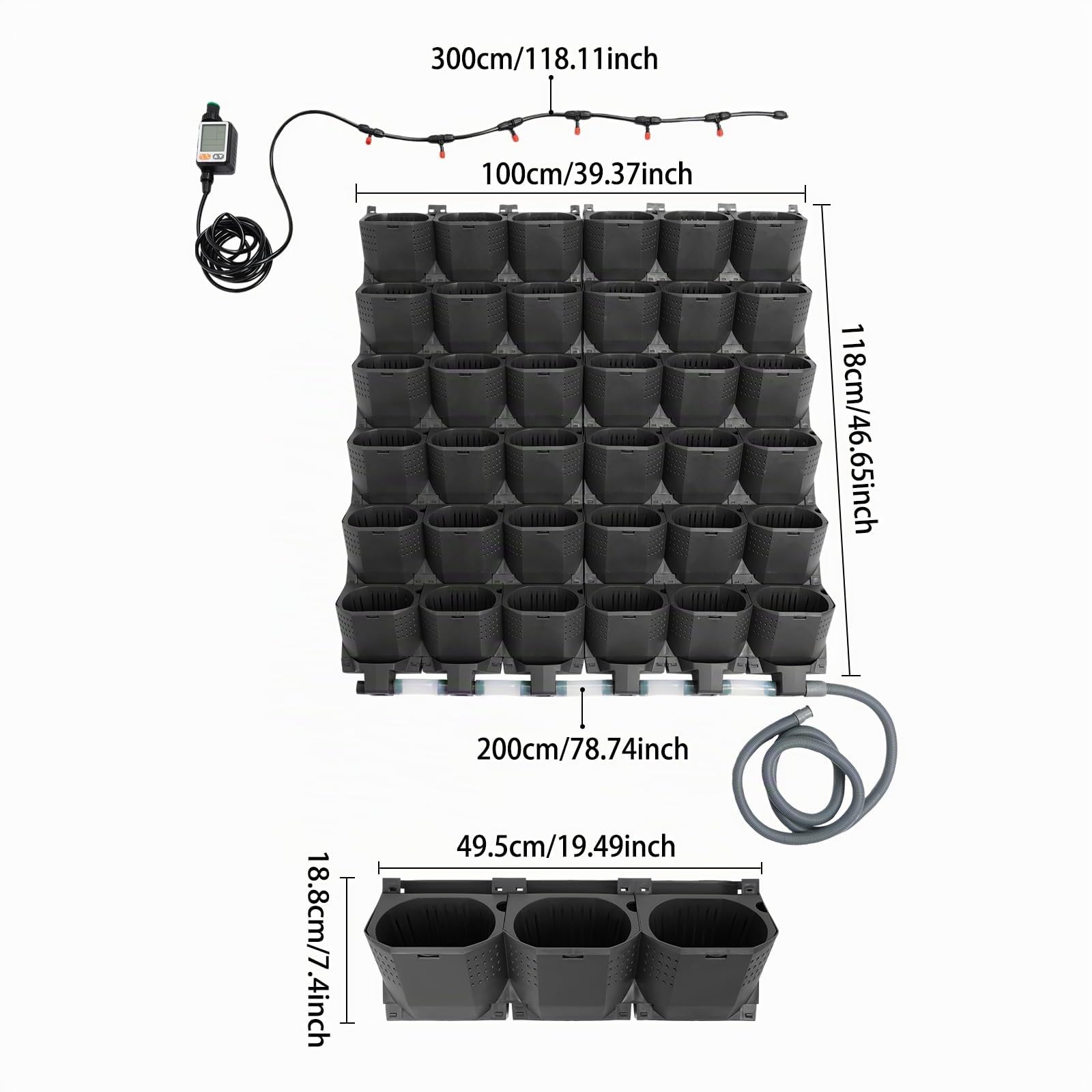 Vertikaler Blumentopf 36 Taschen, Pflanzwand mit Bewässerungssystem,Schwarz | Hängende Pflanztaschen, Timer & Regensensor, 300ml Speicher pro Topf, für Balkon & Terrasse, 100x118,5cm
