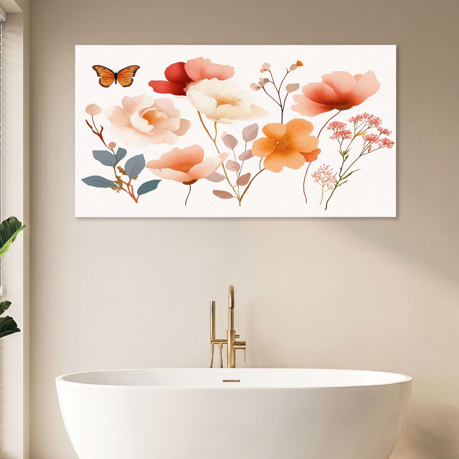 Obrazy na płótnie, akwarela, 120 x 60 cm, dziecięce obrazy ścienne, druk artystyczny, białe kwiaty, liść, motyl, panoramiczna dekoracja ścienna do salonu, sypialni