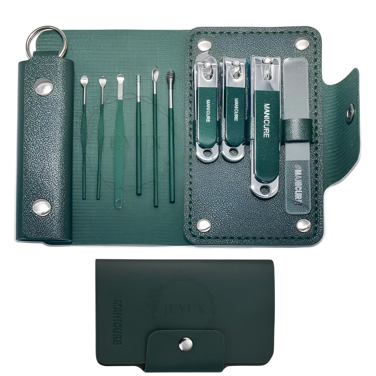 Jeyux Nail Clippers Set 10 Pieces Stainless Steel Professional Grooming Kits, Fingernail and Toenail Clipper Cutters with Luxurious Travel Case Nail Care Tools Manicure Pedicure Kit (Green)