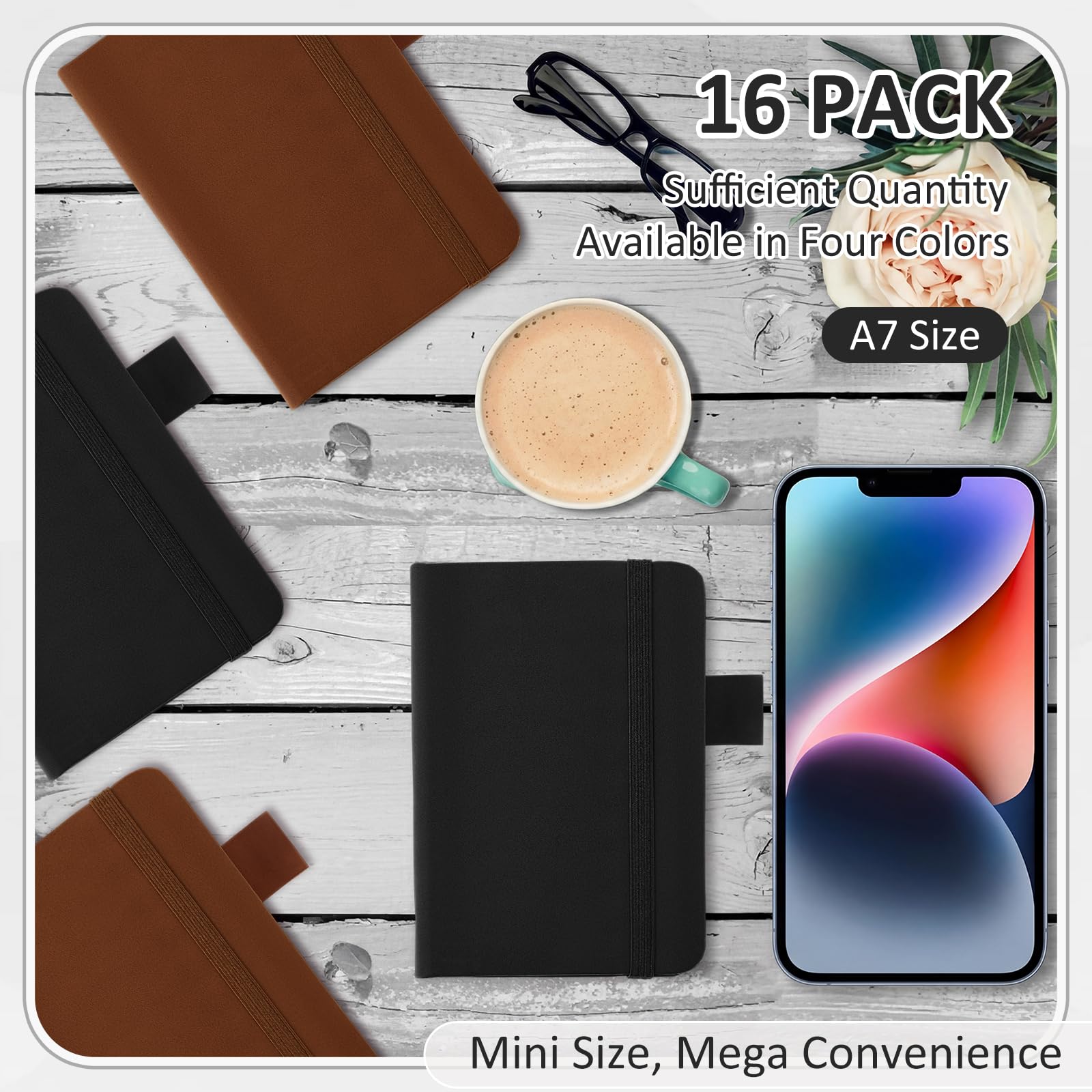 Ceenna Lot de 16 petits carnets de poche avec porte-stylo - 192 pages/96 feuilles - Couverture rigide avec papier ligné épais - 7,6 x 11,2 cm - Format A7 - Couleur professionnelle - Pour voyage de