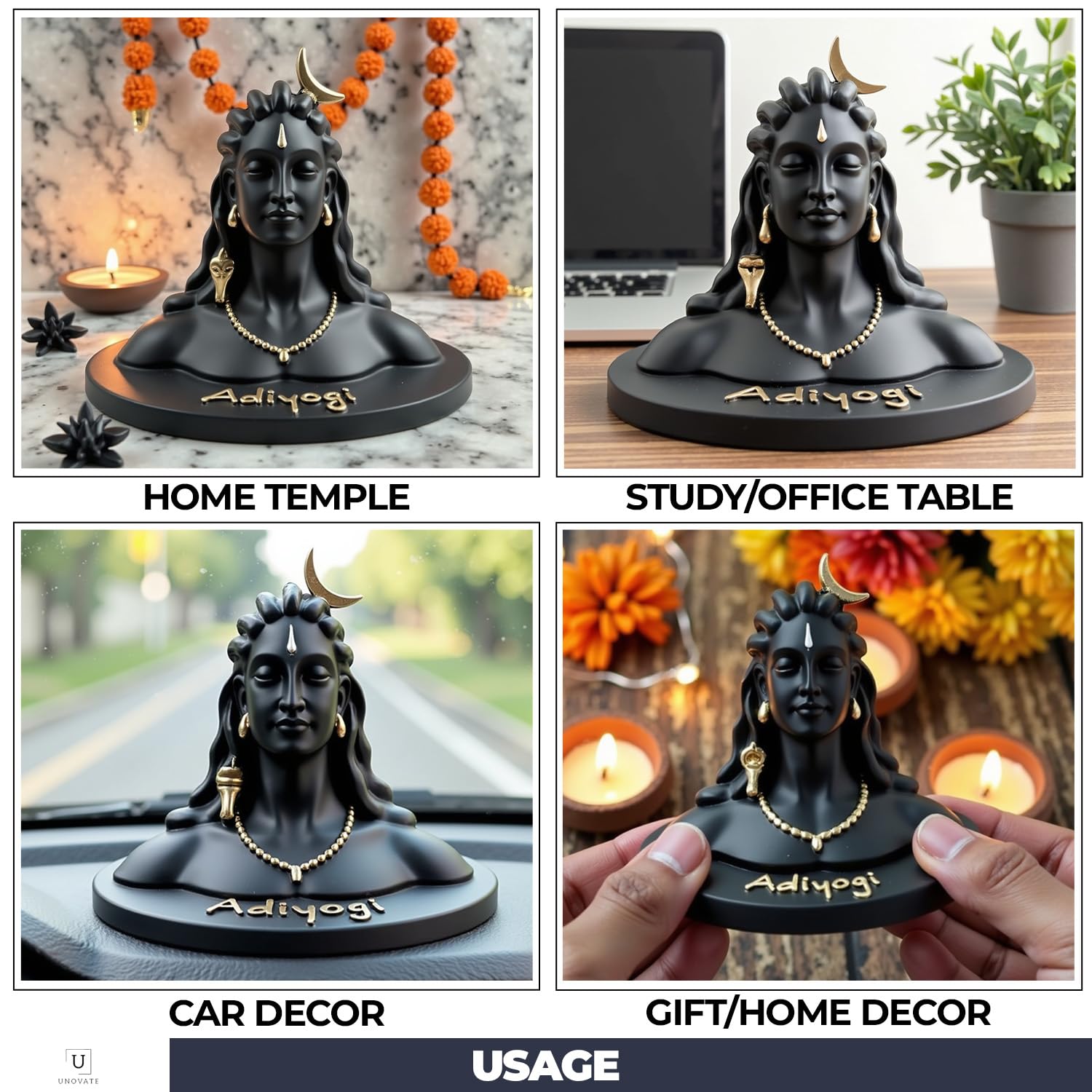 UNOVATE Resin Adiyogi Statue for Car Dashboard, Adiyogi Statue - Small 3 Inch Shiv Idol | Adiyogi Shiva Idol with Pre-Installed Adhesive Tape | Black Color | Made in India - Image 3 thumbnail