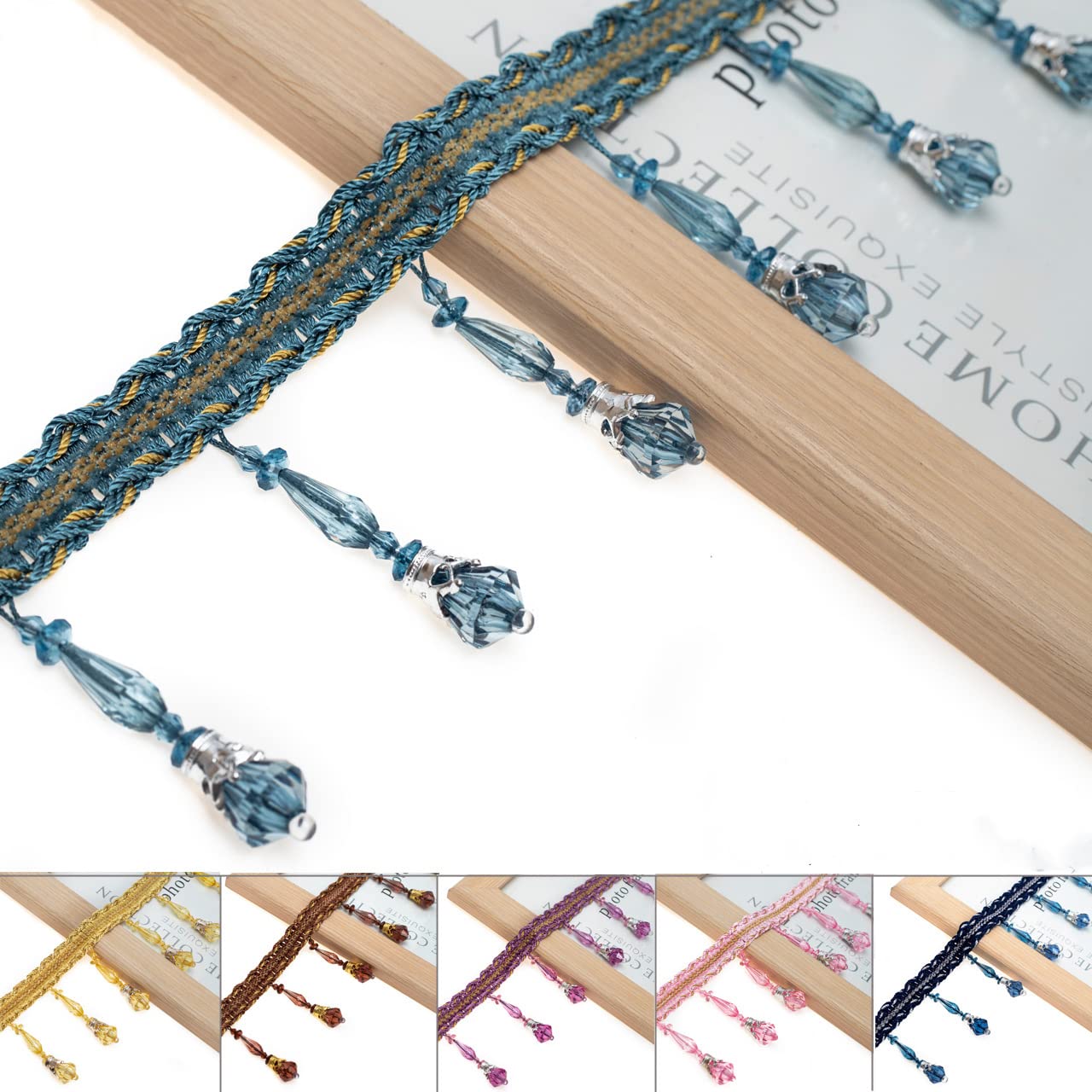 Yalulu 4 Yards Beading Fringe Tassel Trimming Long Beads Tassel Fringe Trim Curtain Trim Ribbon for Cover Decorative Curtain Tape (Pink)