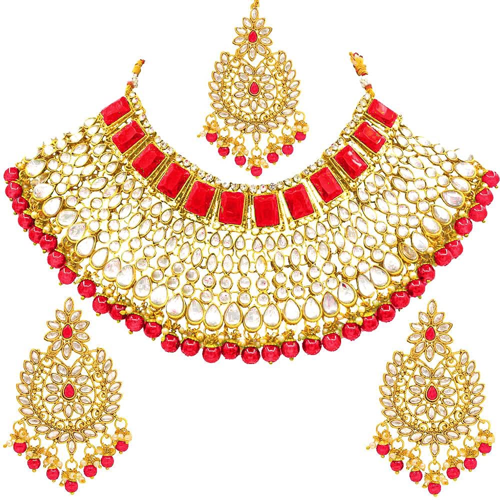 SAIYONI Traditional Wedding Collection Gold Plated Kundan Stone Alloy Choker Necklace Earring With Maangtikka Jewellery Set For Women (B098P8YP1R) Amazon Price History, Amazon Price Tracker