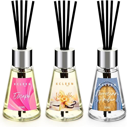 Xcleen Paquete de 3 difusores de aceite perfumado con 15 varillas, escaparvainillaámbar marroquí, ambientador para baño y oficina, fragancia para el