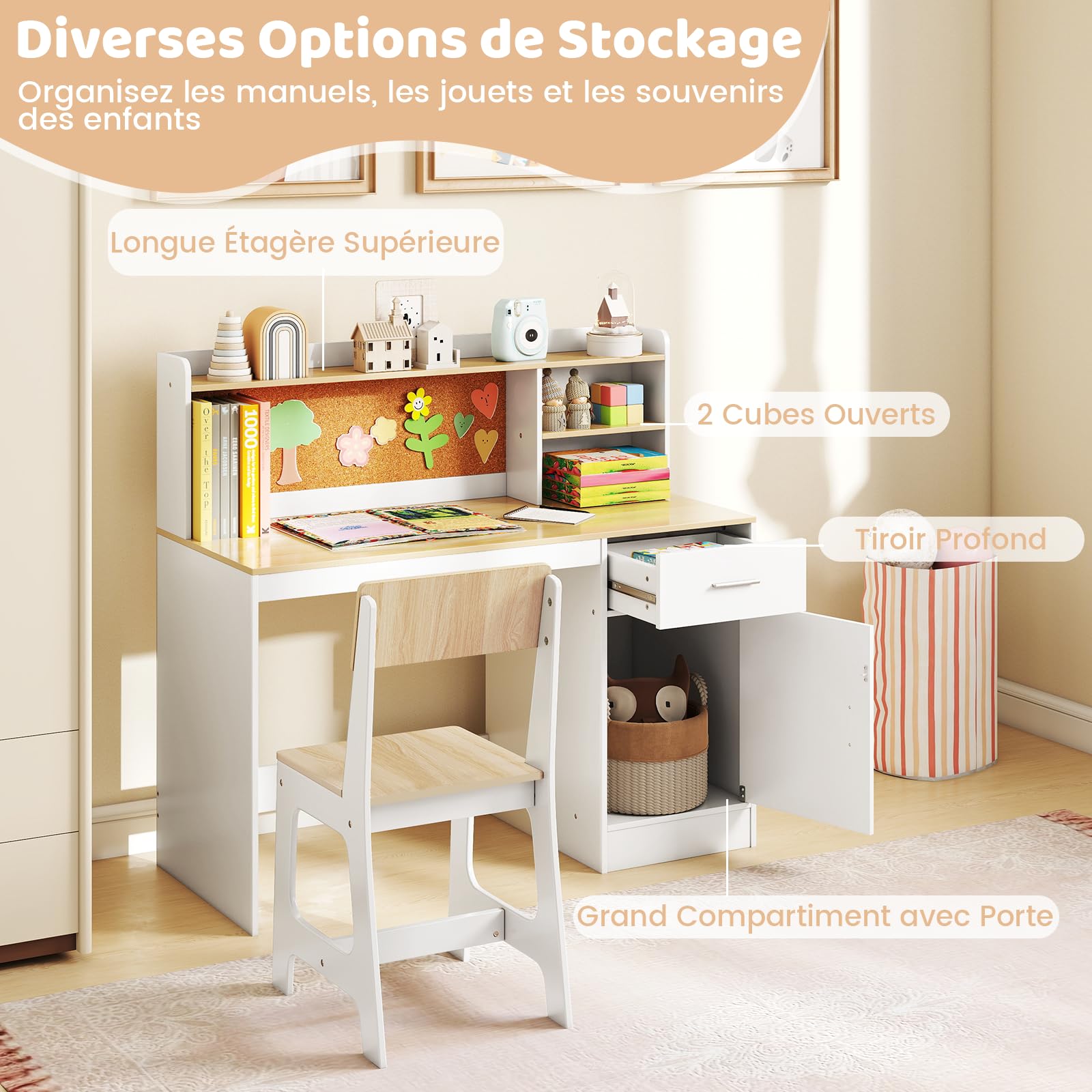 DREAMADE Bureau Enfants, Table d'Étude avec Chaise, Étagère, Tableau d'Affichage, Tiroir, Armoire pour Lecture, Dessin, Bricolage, pour Salon, Chambre d'enfant (Naturel)