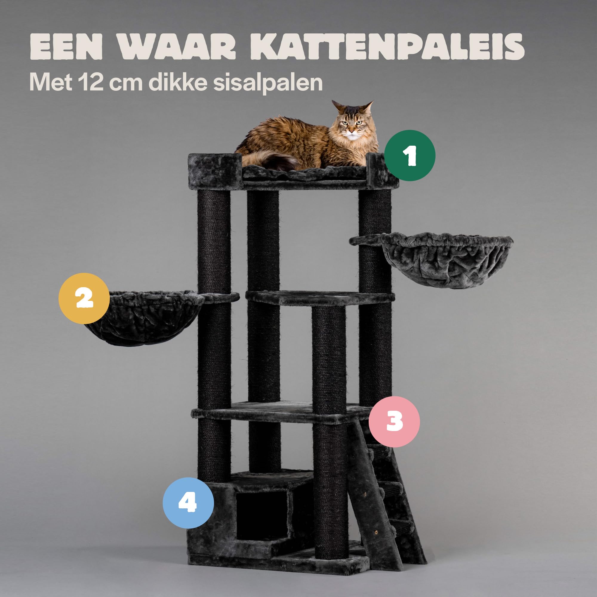 Petrebels Maine Coon Krabpaal XXL, route, 210 cm hoog, design krabpaal voor grote katten, met natuurlijke sisal-stammen van 15 cm, kleur zwart Petrebels Maine Coon Krabpaal XXL, route, 210 cm hoog, design krabpaal voor grote katten, met natuurlijke sisal-stammen van 15 cm, kleur zwart