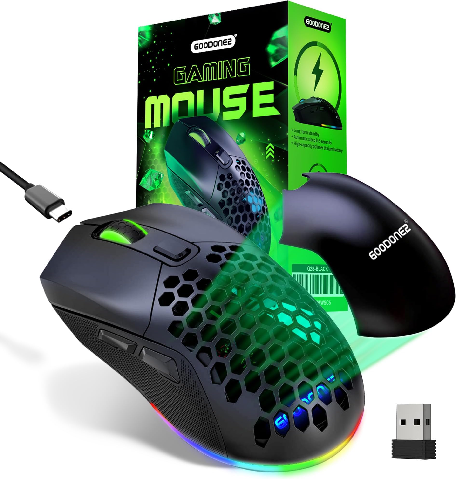 G28 Dual mode Wireless Mouse, 2.4G + BT5.1 USB Computer Mouse with 6-Level Adjustable 4800 DPI, 12 Months Warranty, Ergonomic Grips, 6 Buttons Portable for PC, Chromebook, Mac (Black, Wireless)