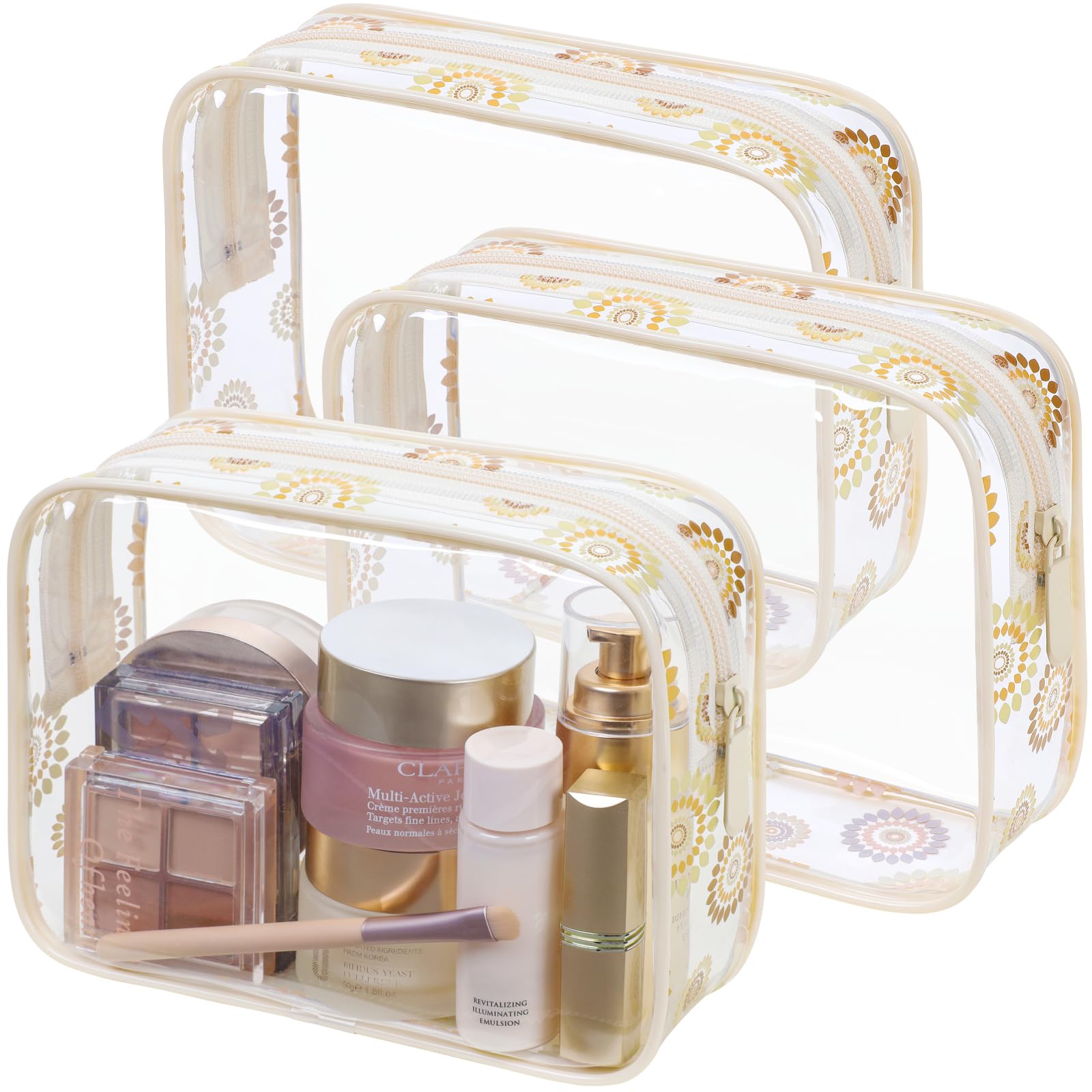 PACKISM TSA Approved Toiletry Bag - Beige Bohemian Print Clear Cosmetic Bag, Suitable for Gifts, with Supporting Frame, Perfect for Travel Essentials,