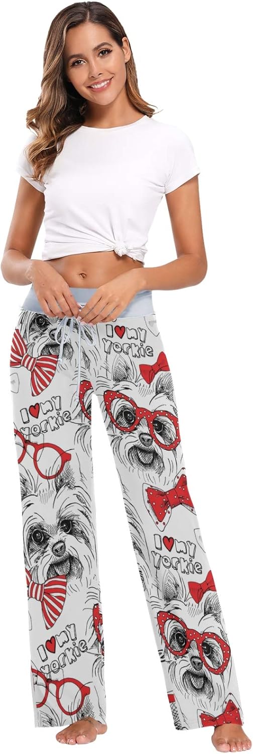 OTVEE Cute Yorkie Dogs with Sunglasses Pajama Pants for Women Casual Wide Leg Lounge Pajama Sleepwear