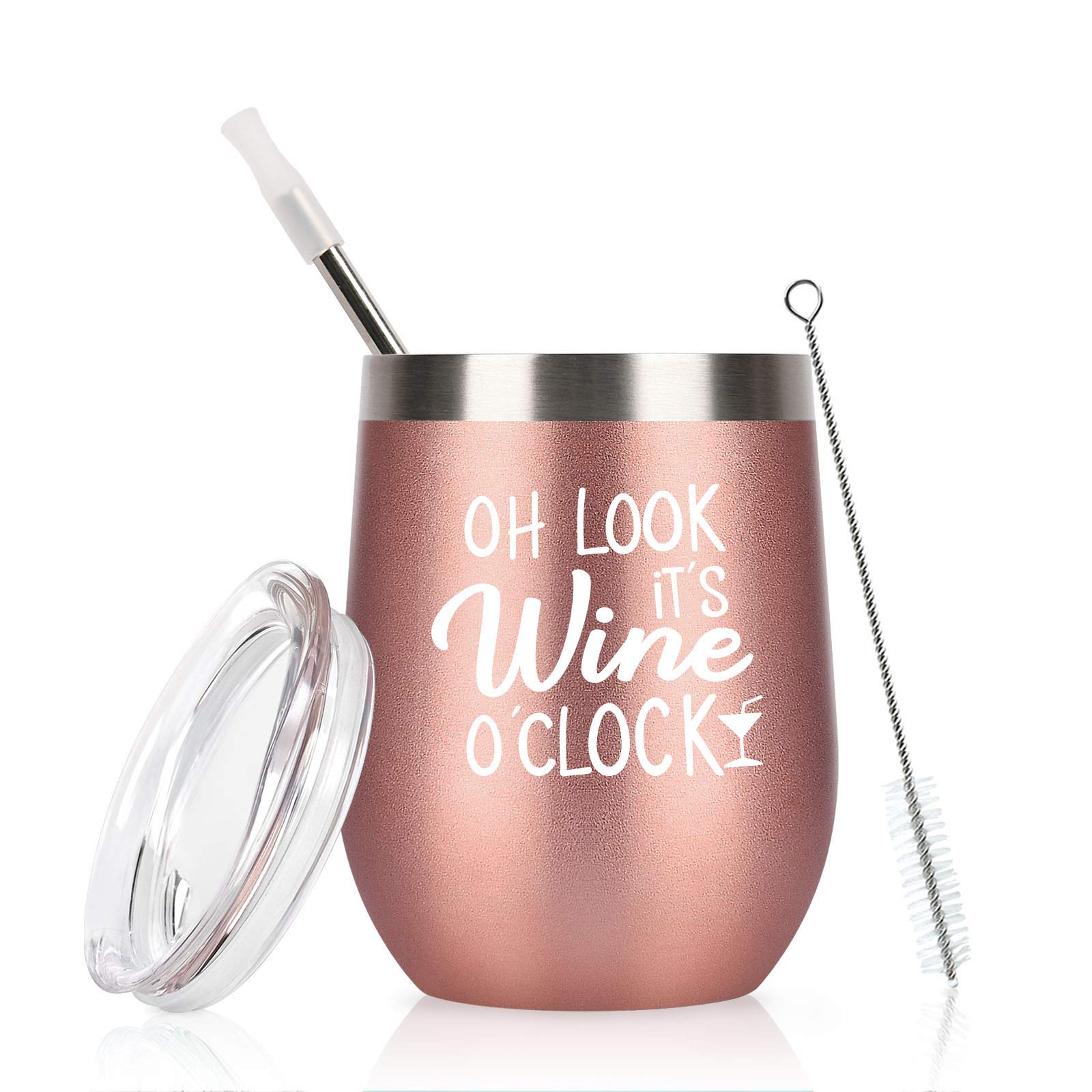 Oh Look It's Wine O'Clock-Stainless Steel Wine Tumbler with Lid, Funny Wine Gifts for Women Mom Grandma Sister Coworkers, Stemless Insulated Tumbler for Christmas Mothers Day Birthday(12oz, Rose Gold)