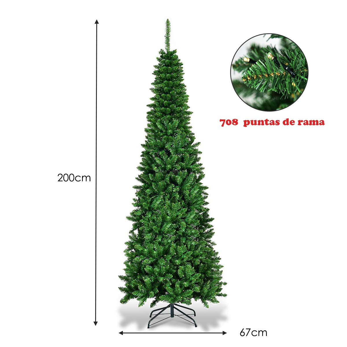 COSTWAY 200 cm Arbol de Navidad Slim/Estrecho con 250 Luces LED, Blanco Cálido, Agujas en PVC de 708 Ramas, arbol de Navidad con Luces Incorporadas, Arvore de Natal Hogar Fiesta Interior (200 cm)