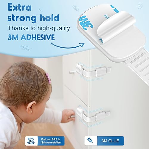 Miniatura 3 de Paquete de 10 cerraduras de gabinete a prueba de bebés, a prueba de niños, con cerraduras adhesivas 3M de seguridad para niños, para refrigerador,