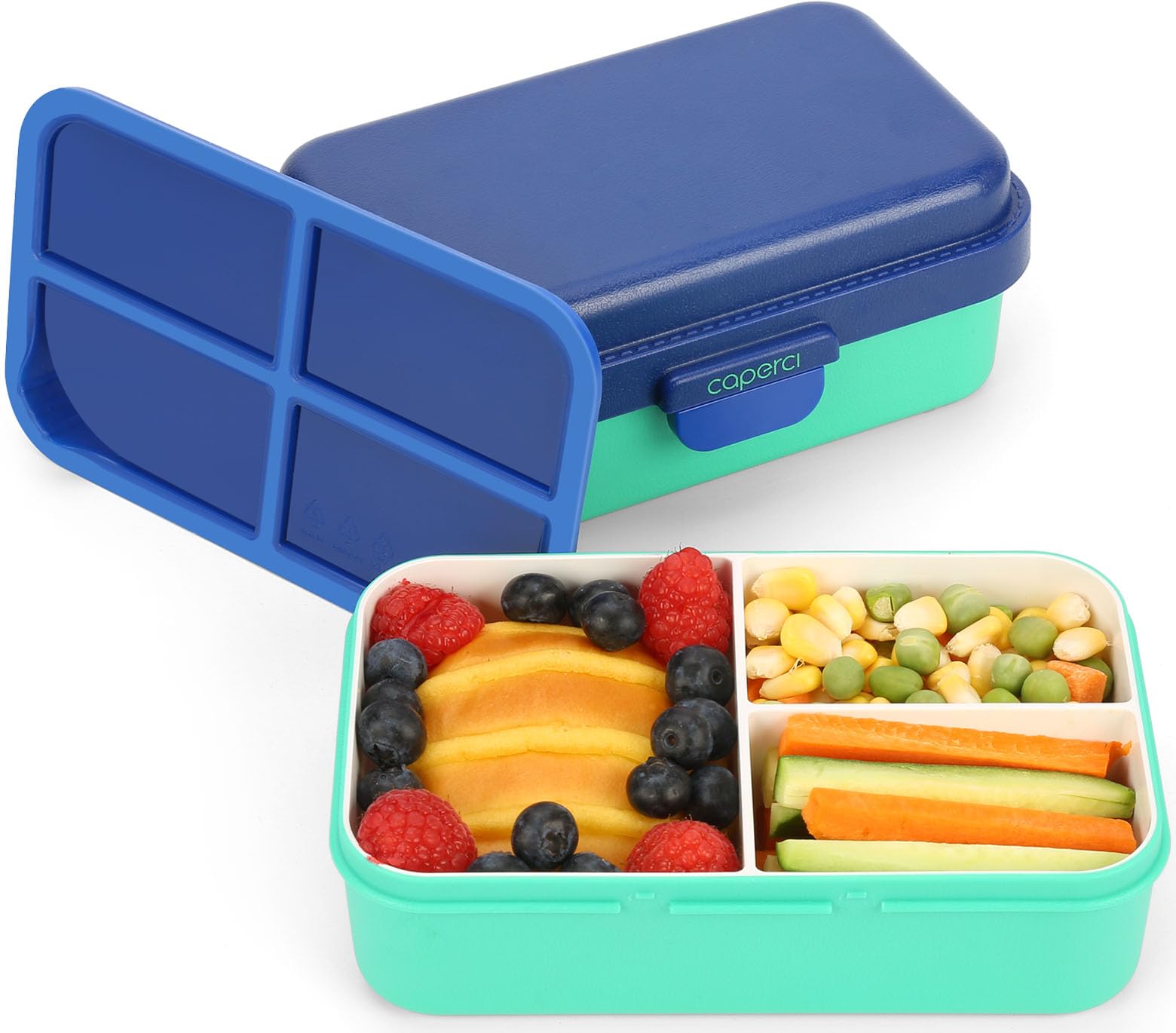 Caperci Small Bento Snack Box for Kids - 2.5 Cup Leak-Proof Snack Containers with 3-Compartment & Innovative Easy-Open Latch, Utensils Store Area, BPA-Free, Ideal for Ages 3+ (Navy/Green)