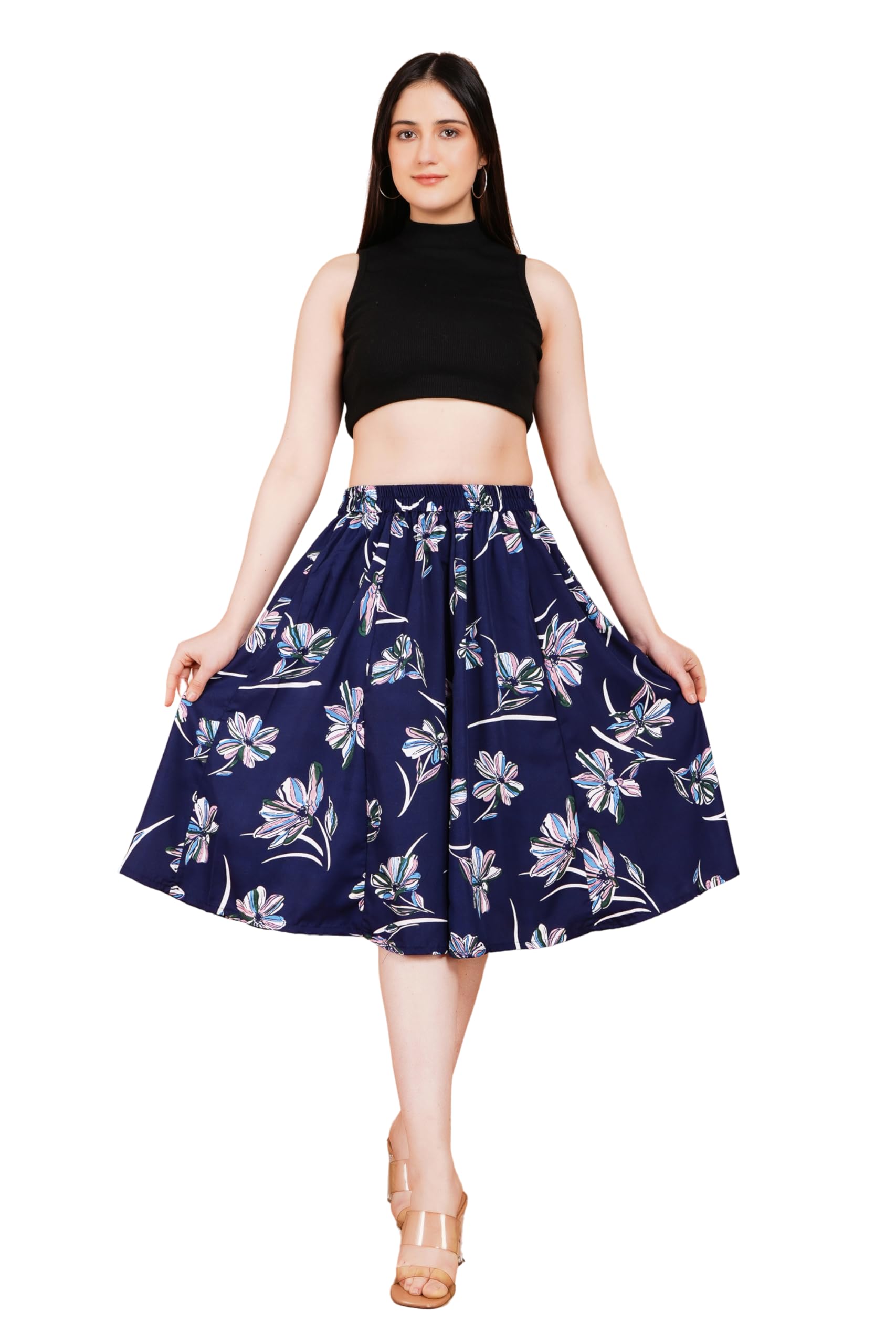 as all collection Women’s Flared Midi Skirt | Polyester Knee Length Skirt, Elastic High Waist, Pocketless Casual Skirt for Party, Office & Summer Wear-picture-37