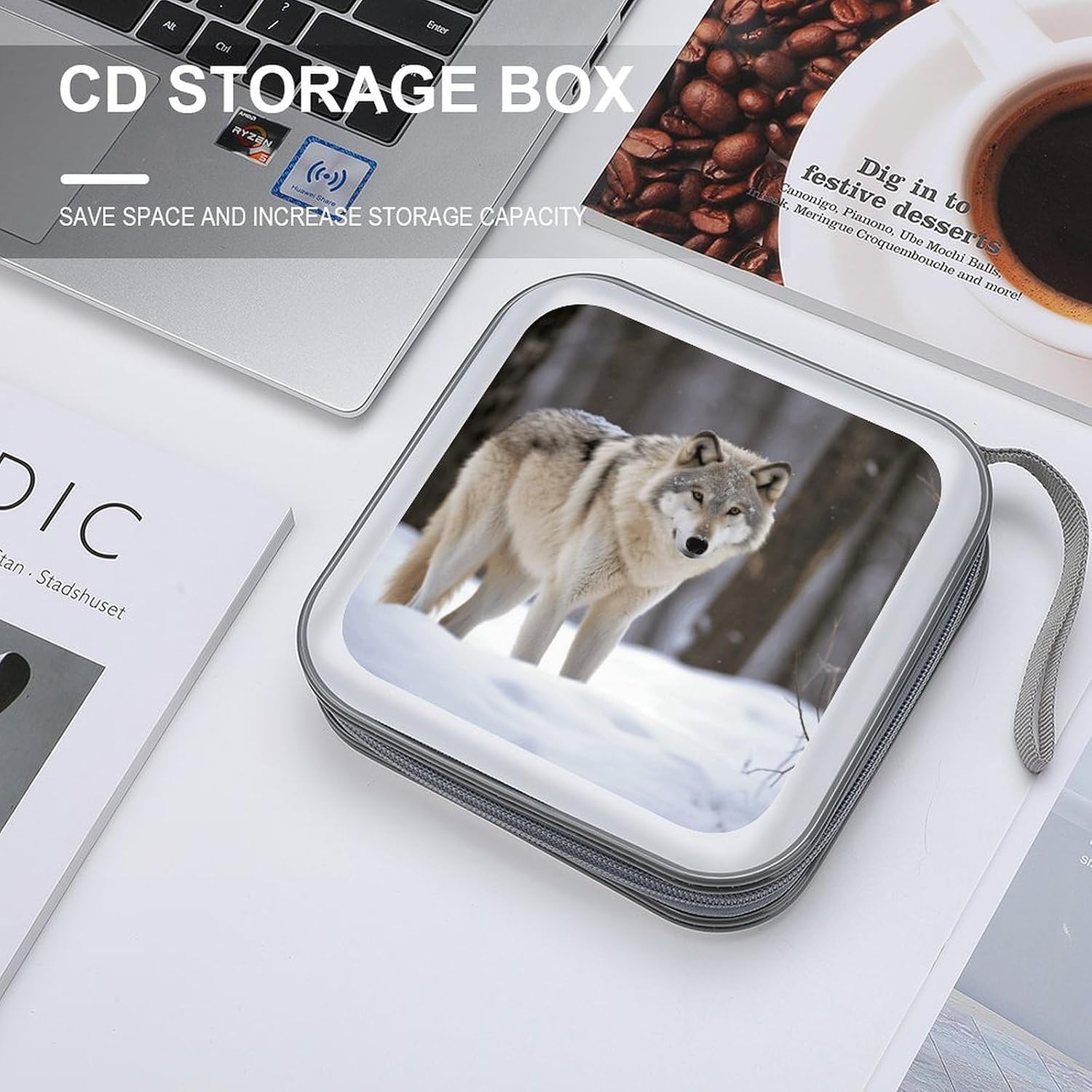 Wolf in The Snow CD Case Binder for Travel Car DVD Storage Box with Handles Fashion DVD Storage Case Cover CD Storage Binder for Movie Music Audio Disks 40 Disc Units image 4