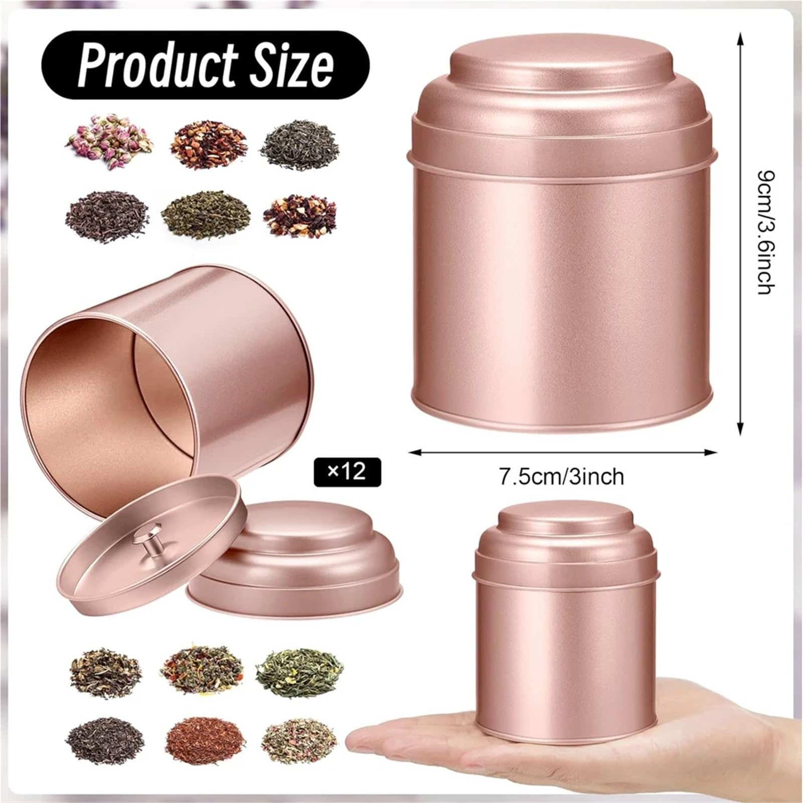 12 latas de té con tapas dobles herméticas, redondas, pequeñas, for cocina, for guardar hojas sueltas para Té, Café, Azúcar(12pcs Rose Gold)