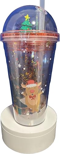 Vaso de plástico con aislamiento navideño de 16 onzas (cúpula de muñeco de nieve, árbol y reno)