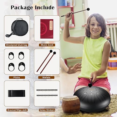 Miniatura 6 de FOUR UNCLES Tambor de lengua de acero de 10 pulgadas, 11 notas, tambor de mano con bolsa de viaje, mazos de libros de música, instrumentos musicales