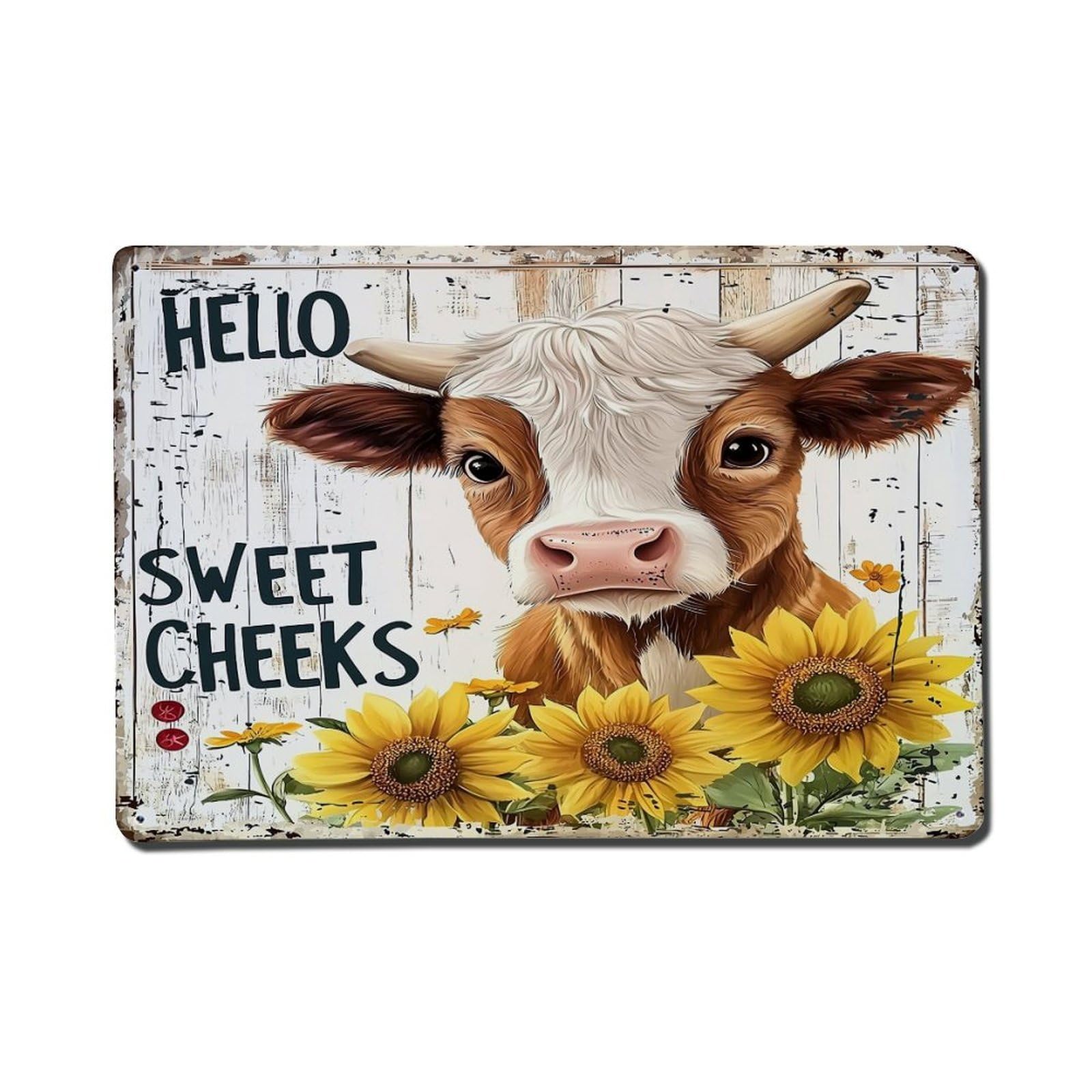 Cow Sunflowers Wood Background Text Retro Metal Tin Sign, Vintage Metal Poster for Home, Gaming Room, Studio Workshop,Bar,Garage Wall Art Decor 8x12 Inch
