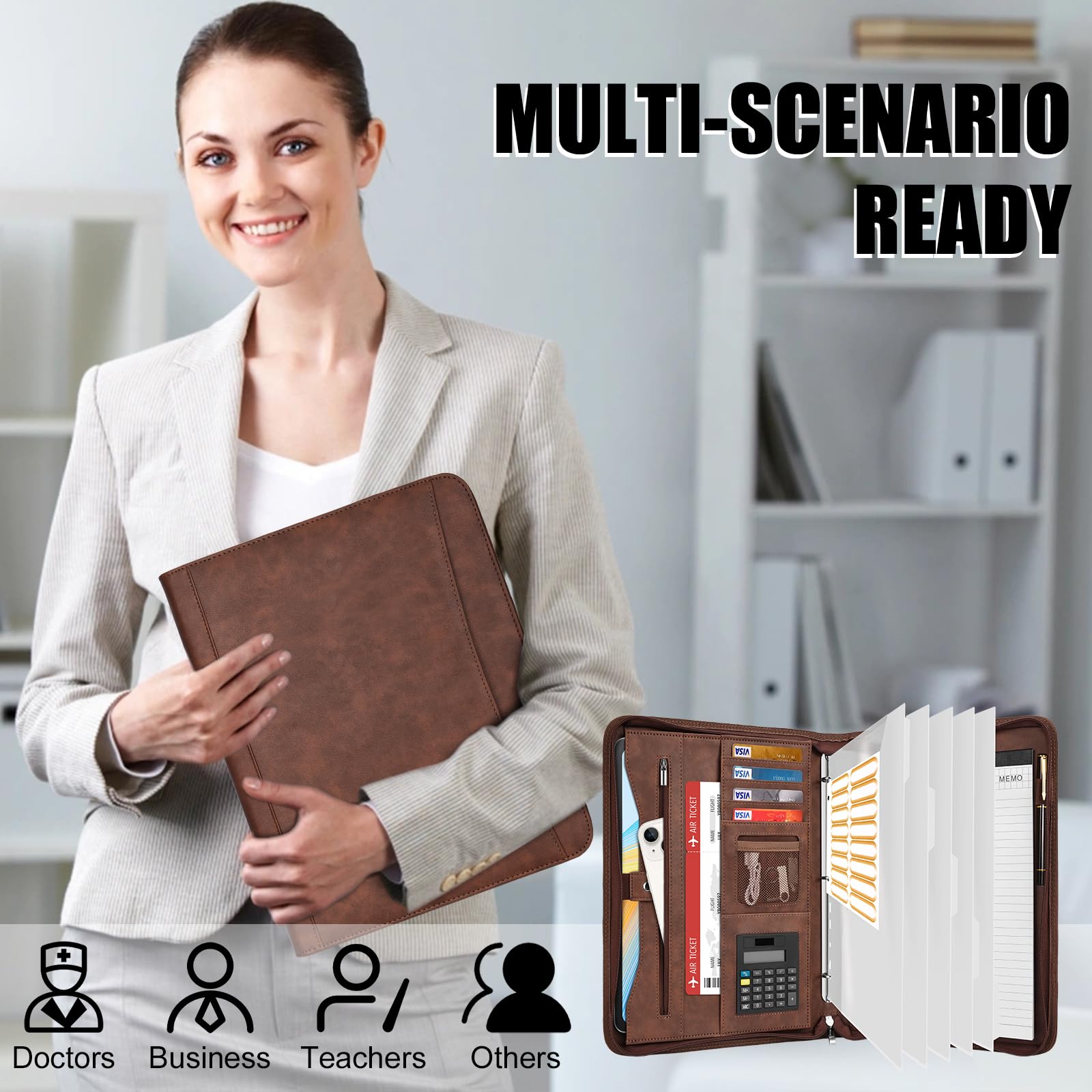 Eshow Portfolio Organizer – Raccoglitore a 3 anelli con cerniera, in pelle vegana, con blocco note, include 5 protezioni trasparenti per fogli per documenti, per uomini e donne