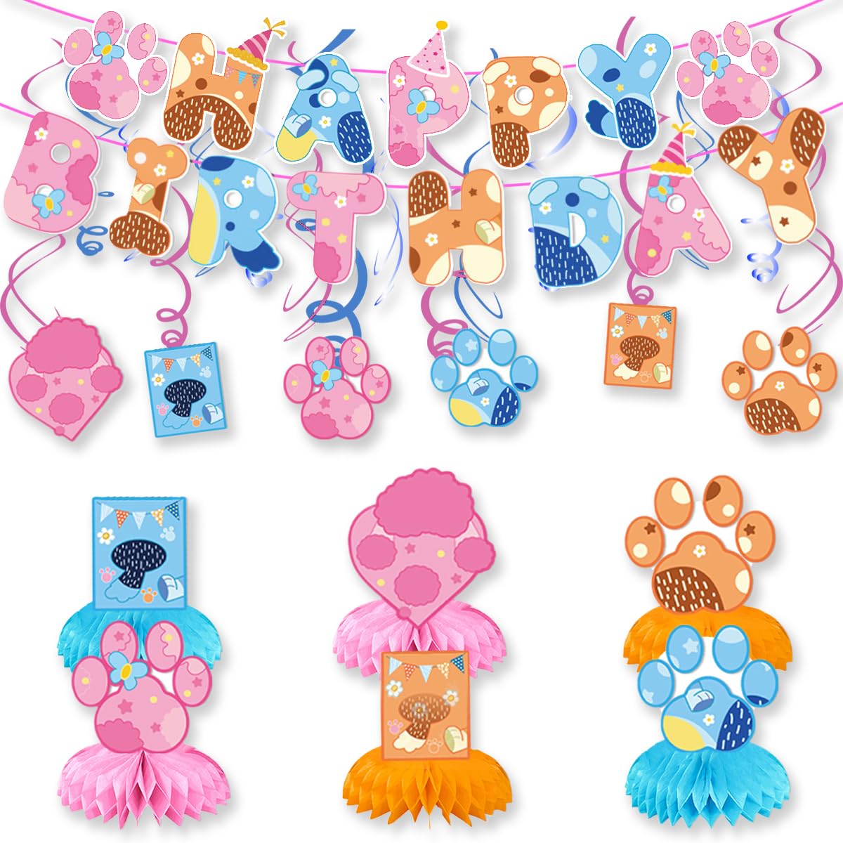 Blue and Pink Dog Birthday Party Supplies, Cute Dog Party Decorations -Banner -6 swirl-6 Honeycomb Centerpieces