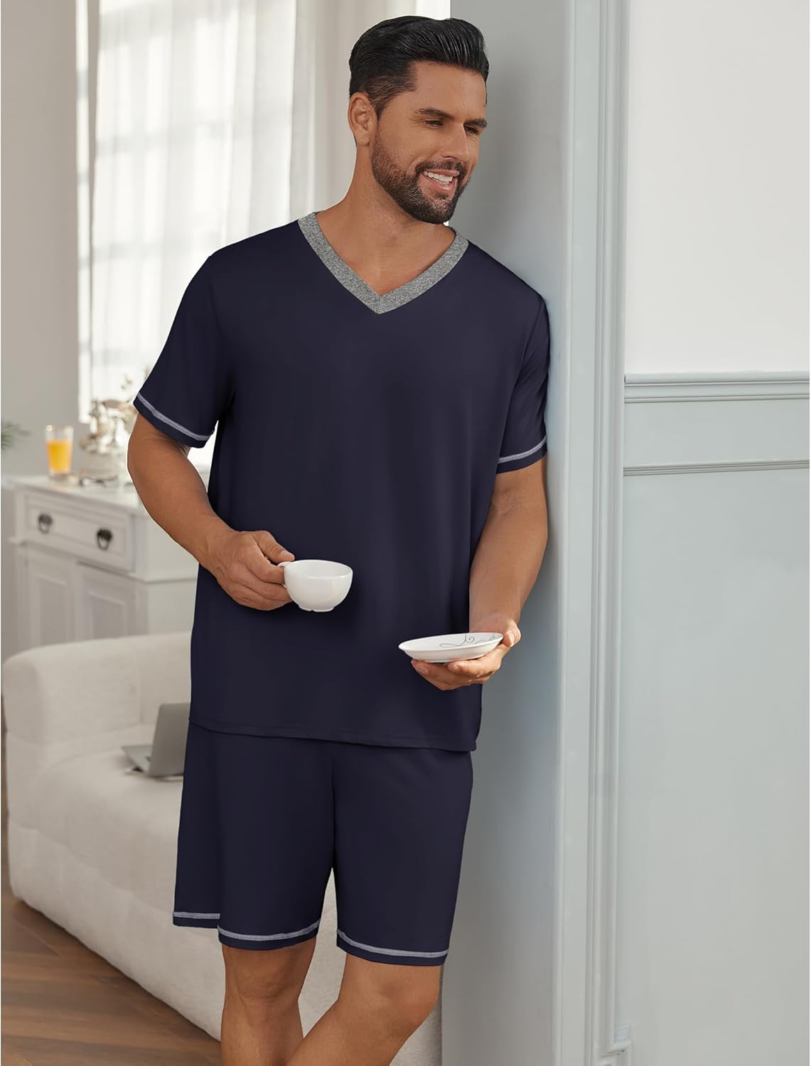 Ekouaer Men's Pajama Sets Shorts Short Sleeve Pj Sets Loungewear Lightweight Lounge Sets with Pockets - Image 6